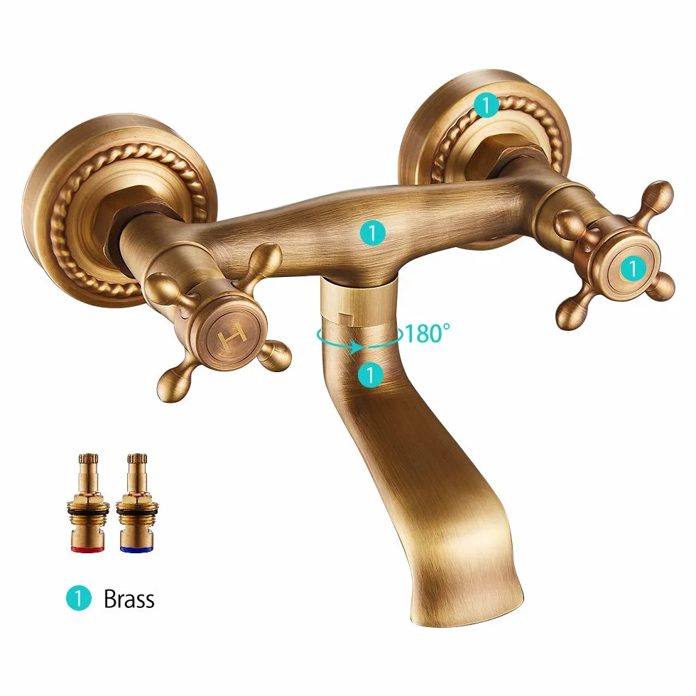 Rubinetto a Muro Anticato Bronzo Vintage Rotazione 180° Miscelatore Cucina Doppie Manopole Ceramica
