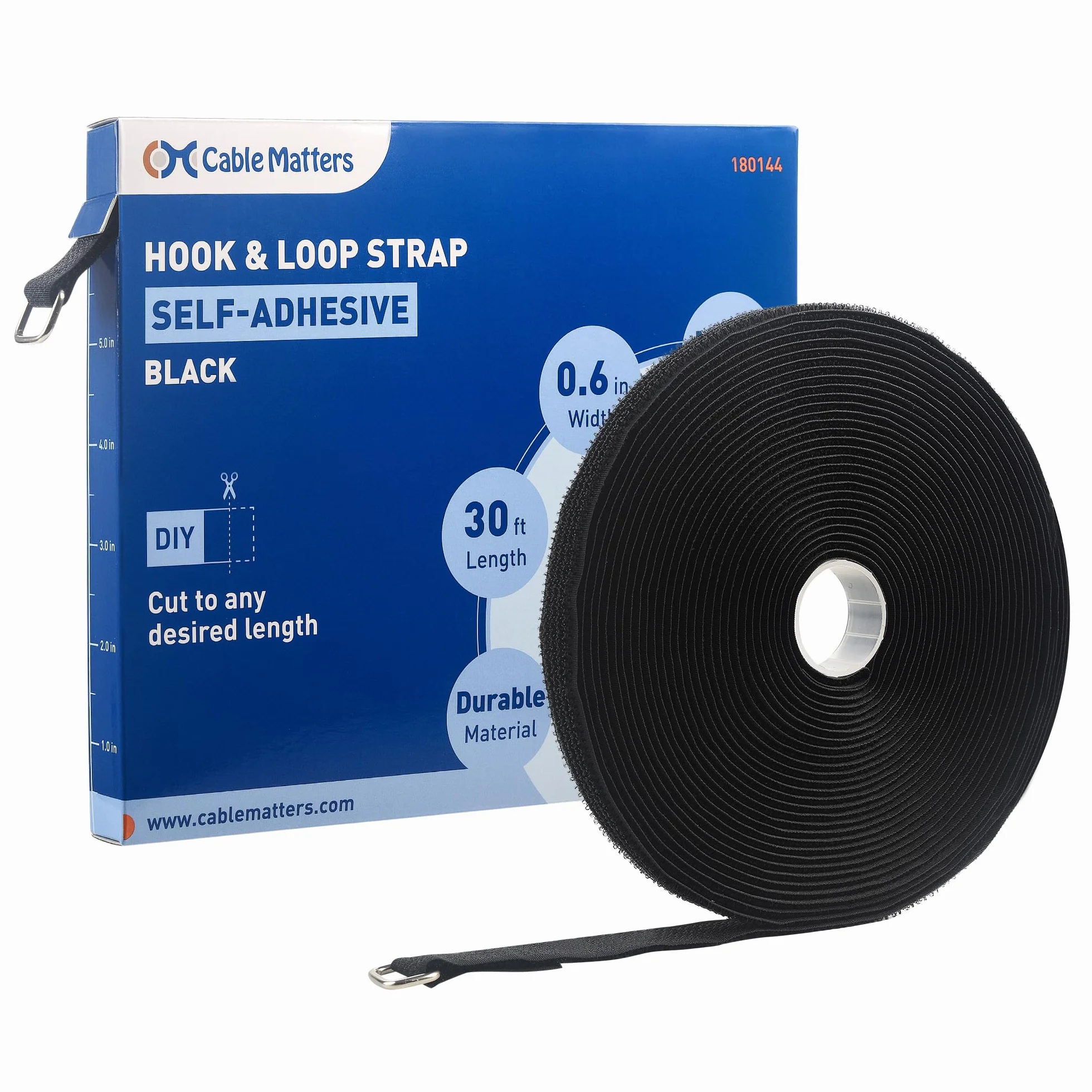 Cable Matters Cinghie a strappo con fibbia, rotolo da 9 m, 45 fibbie, larghe 15 mm, nero