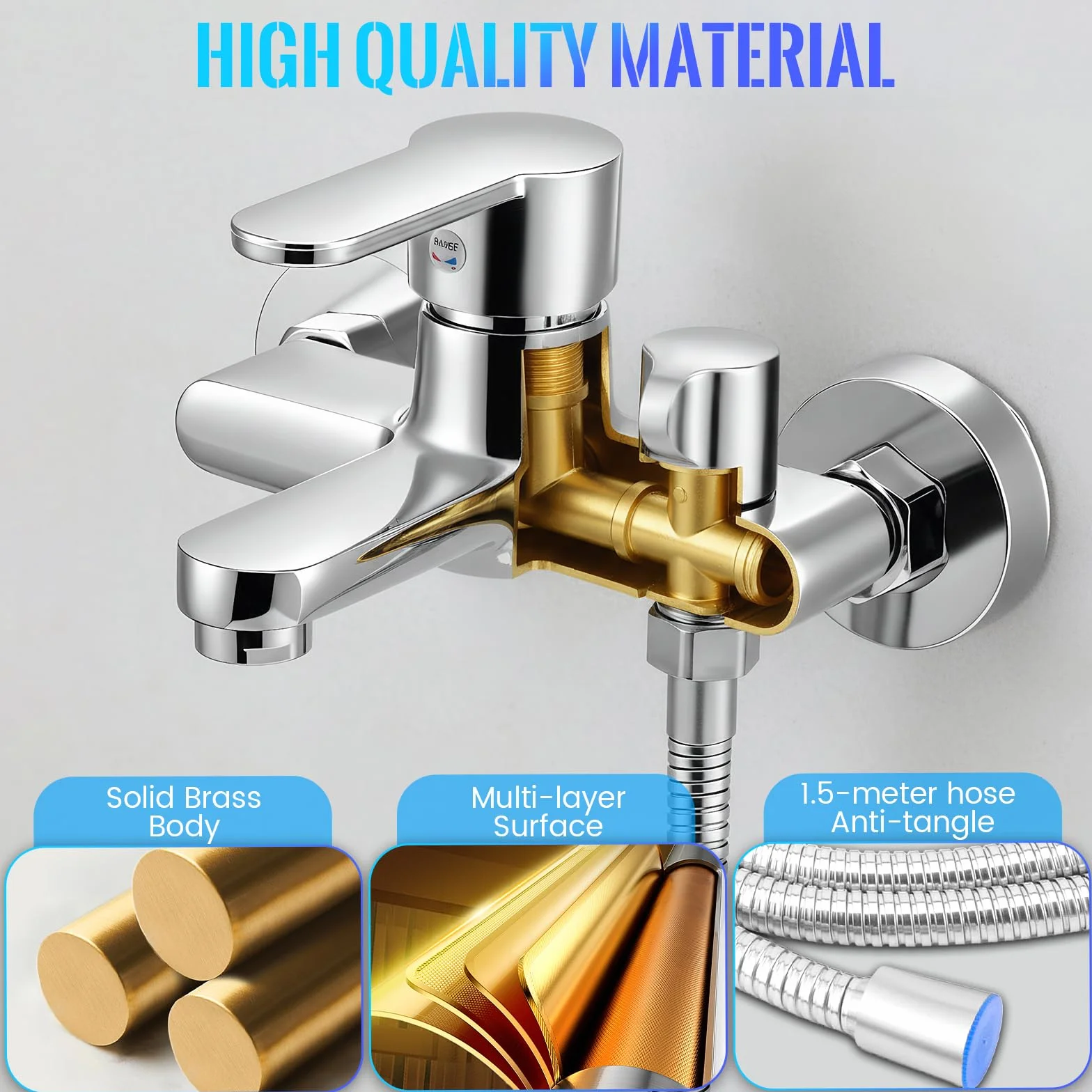 Miscelatore in ottone per vasca da bagno con doccetta a mano, rubinetto a cascata parete flessibile 1,5 m