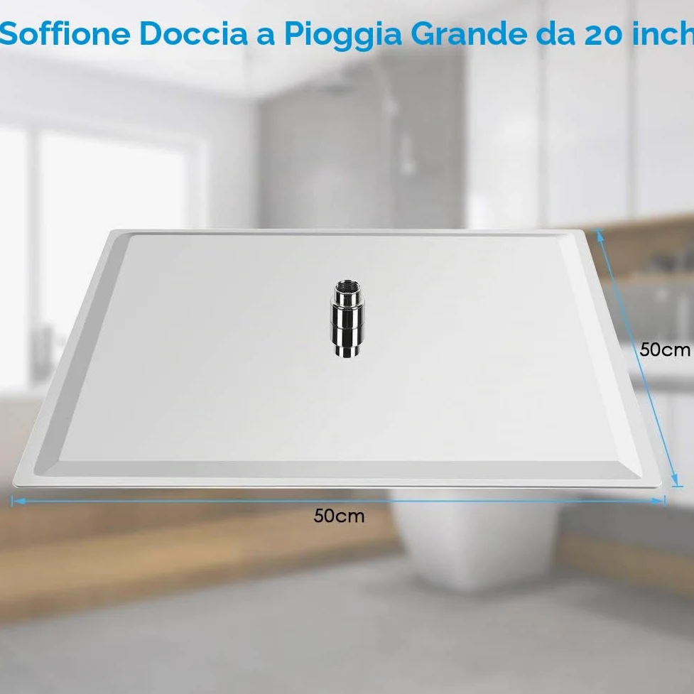 50 x 50 cm Soffione Doccia a Pioggia in Acciaio Inossidabile, Soffione Rettangolo Ultrasottile da 16 Pollici, Soffione doccia a Incasso Tondo ad Alta Pressione e Risparmio Idrico per Bagno, Argento