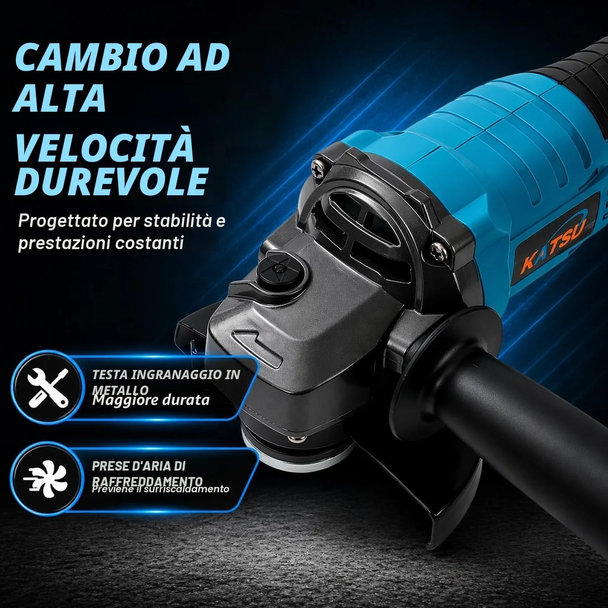 Smerigliatrice Angolare a Batteria Brushless 21V KATSU FIT-BAT, 115mm con Motore Brushless per Taglio Lucidatura Smerigliatura, 3 Velocità, Batterie non Incluse (solo Macchina) 102606