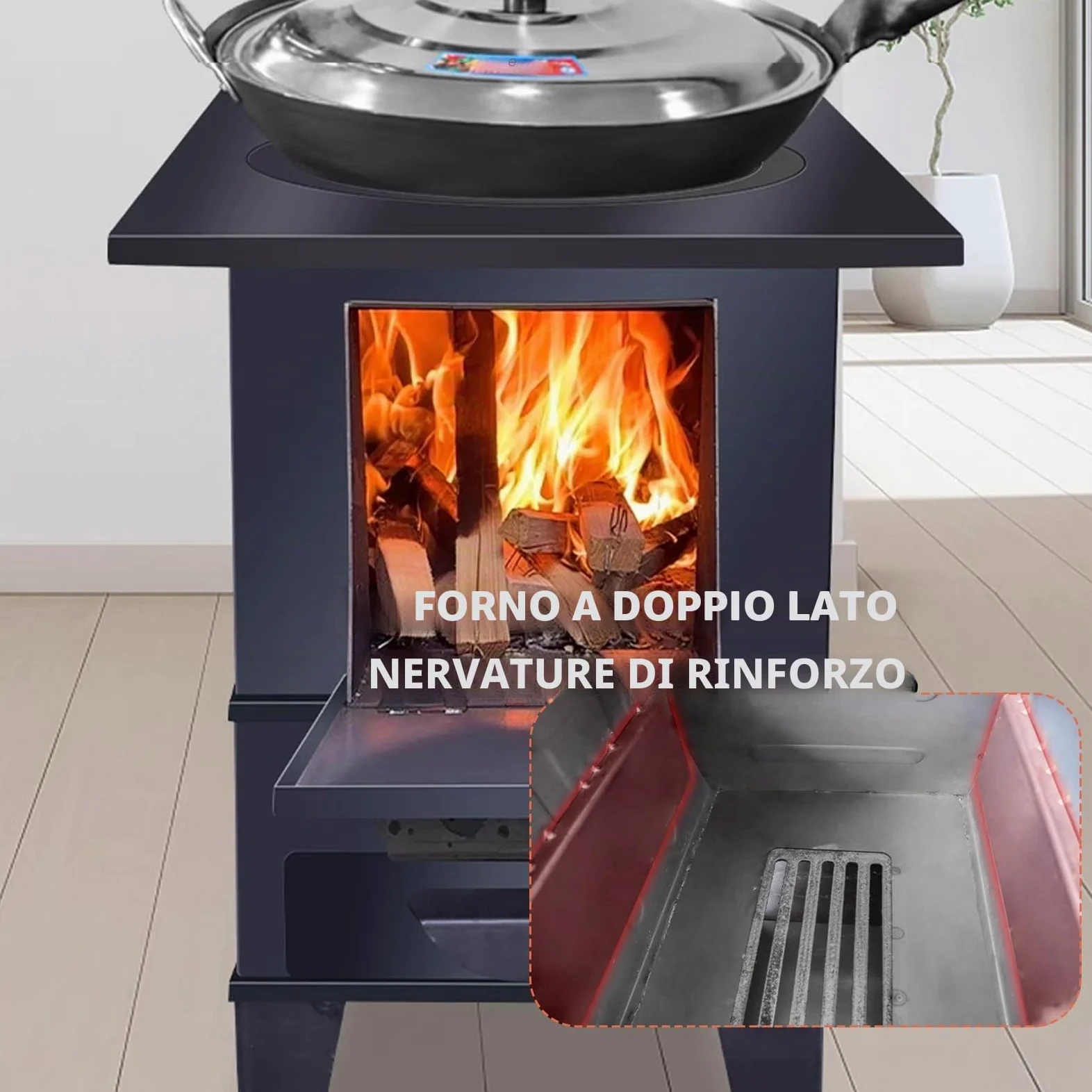 Stufa A Pellet Stufa A Legna Con Forno Struttura in Lamiera D'acciaio Focolare Di Grande Capacità Forno A Legna Include Camino, Gancio E Pinza(50.5 * 30.5 * 41cm)