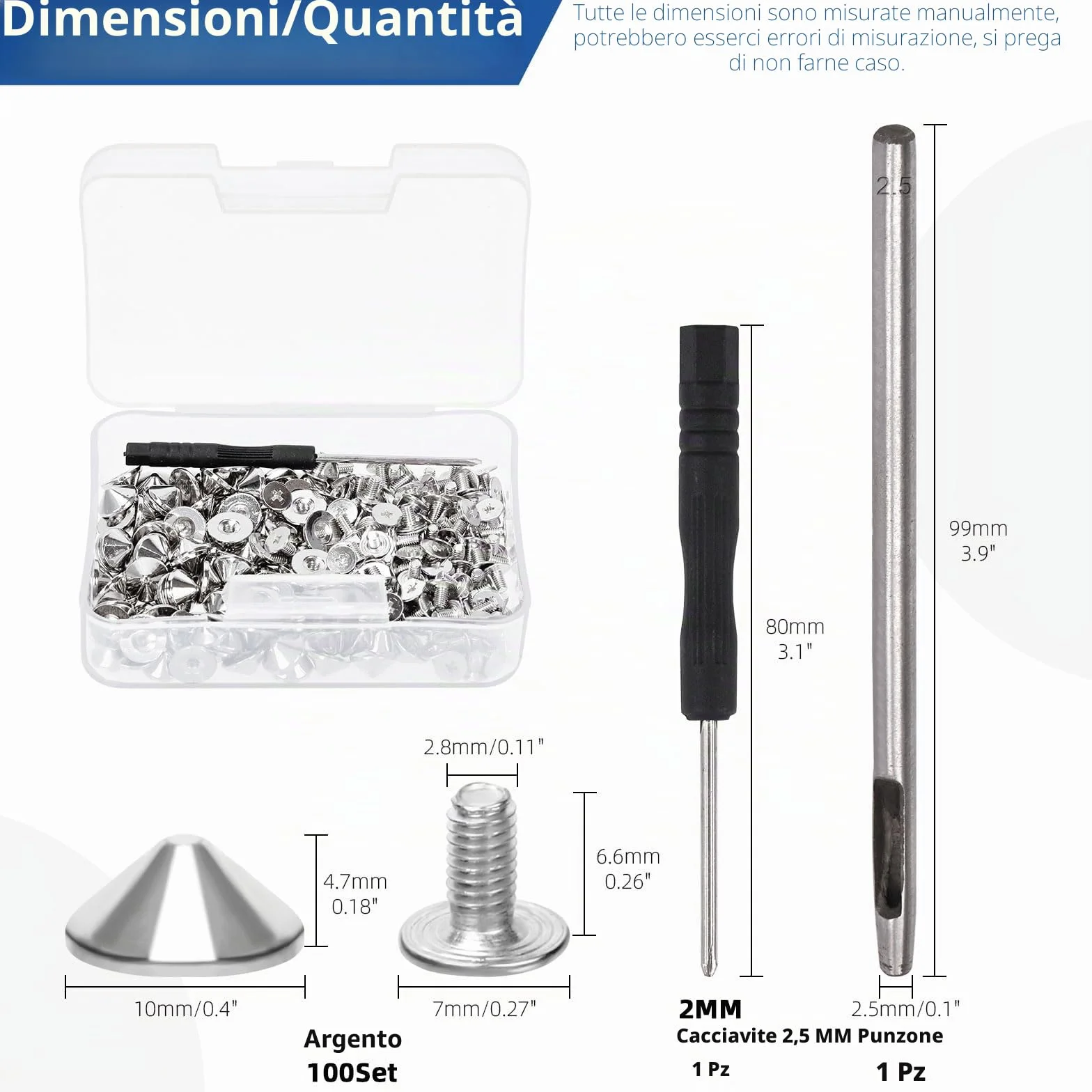 Glarks 100 Sets Silver Cone Spikes e Studs Kit 4.7mm Bullet Spikes Punk Back Studs with Installation Tools Leather Craft Rivets