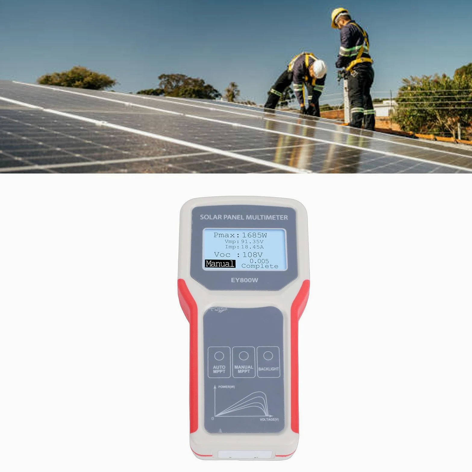 Goshyda Tester per Pannelli Solari, Misuratore MPPT 5-800 W 12-60 V con Rilevamento MPPT, Multimetro Fotovoltaico per Risoluzione dei Problemi Solari, Doppia modalità Automatica/manuale, Display LCD