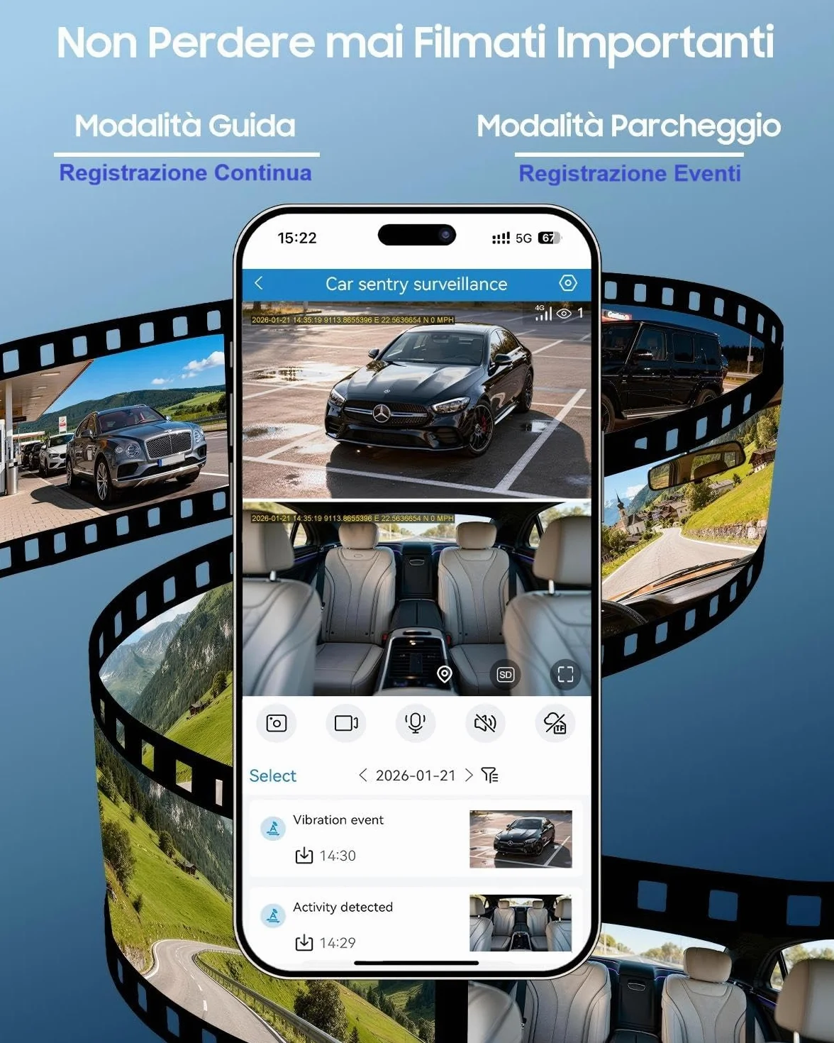 XEGA Dash Cam Auto 2K 4G con Scheda SIM, GPS, Monitoraggio di Parcheggio, Rilevamento Collisione/Movimento Radar, Audio Bidirezionale, Modalità Privacy, Video in Diretta/Cloud