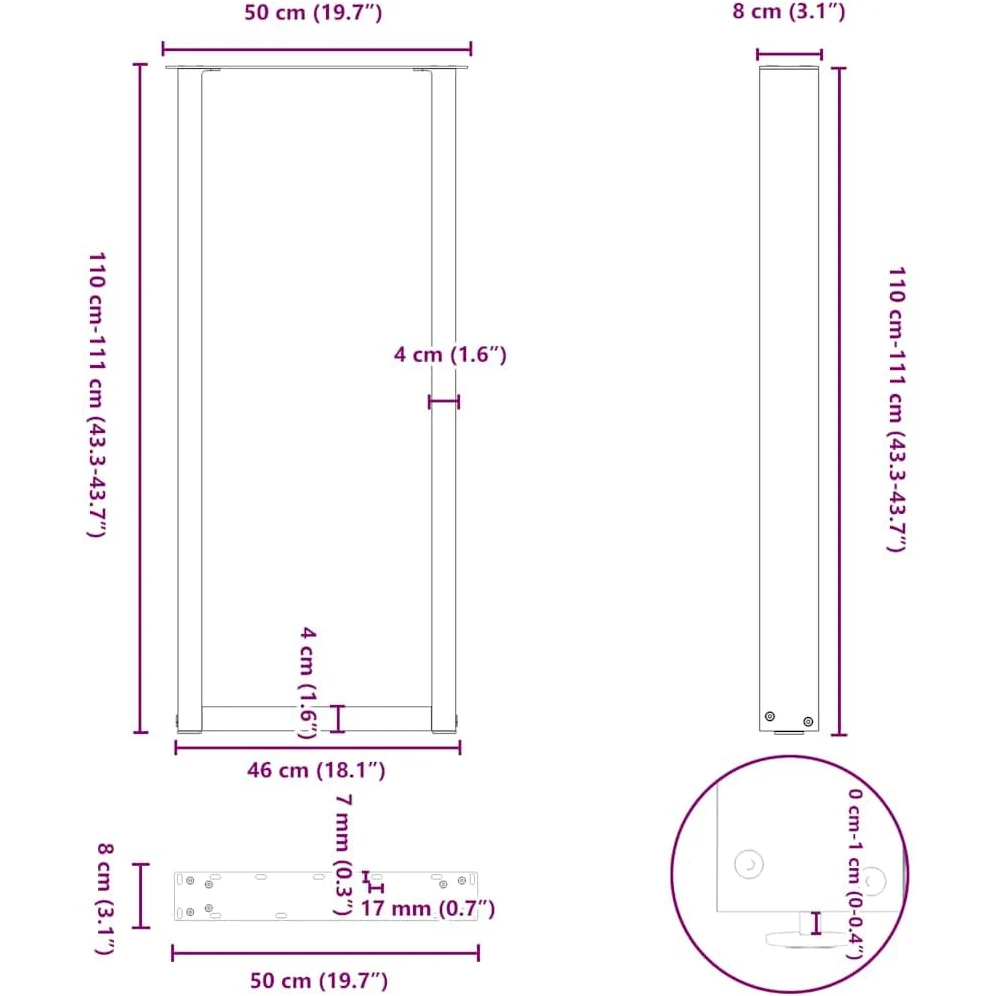 vidaXL Gambe per tavolo da bar a forma di U 2 pz nere 50x(110-111) cm in acciaio