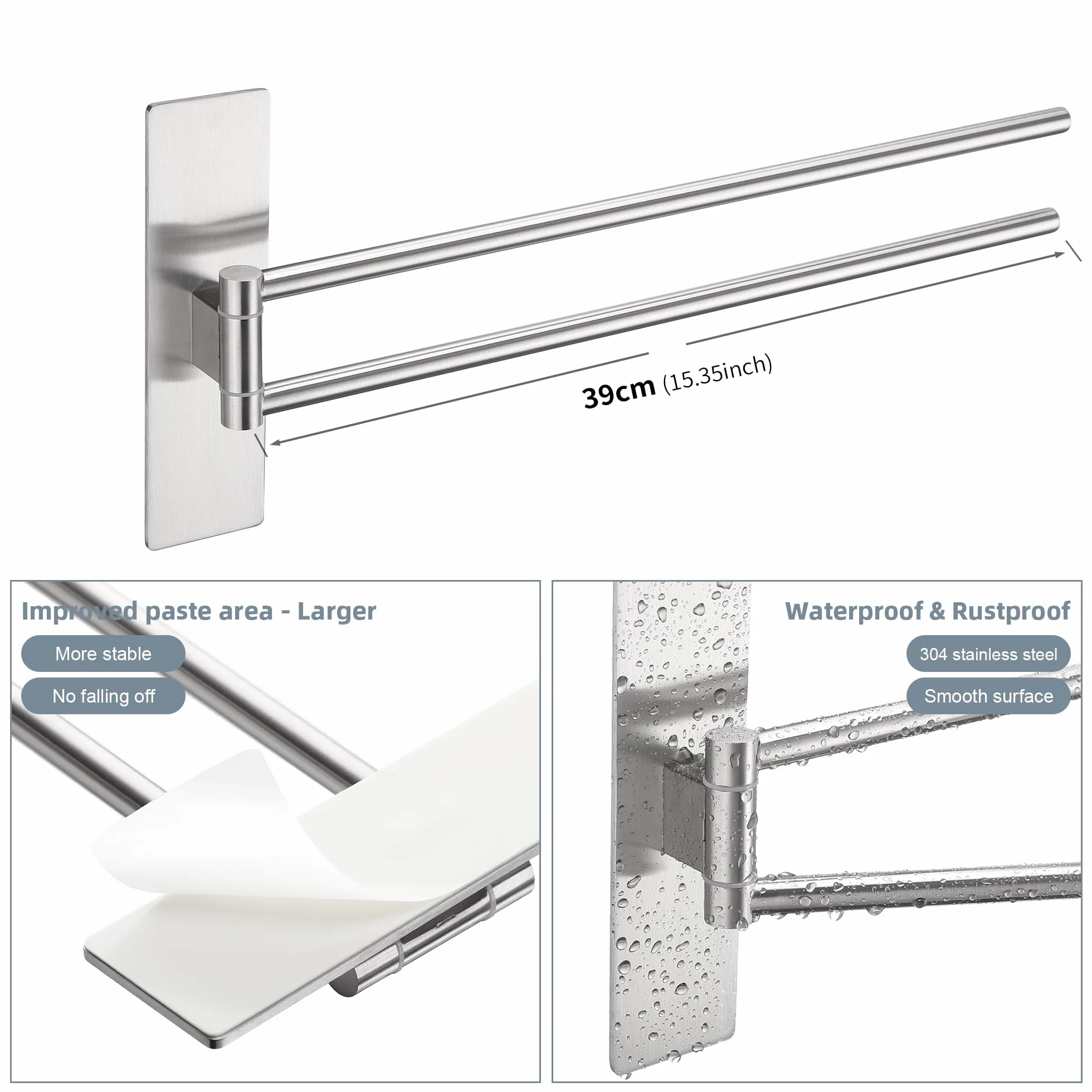 Porta Asciugamani Bagno Adesivo Girevole 180° Acciaio Inox 304 Senza Foratura Spazzolato Argento