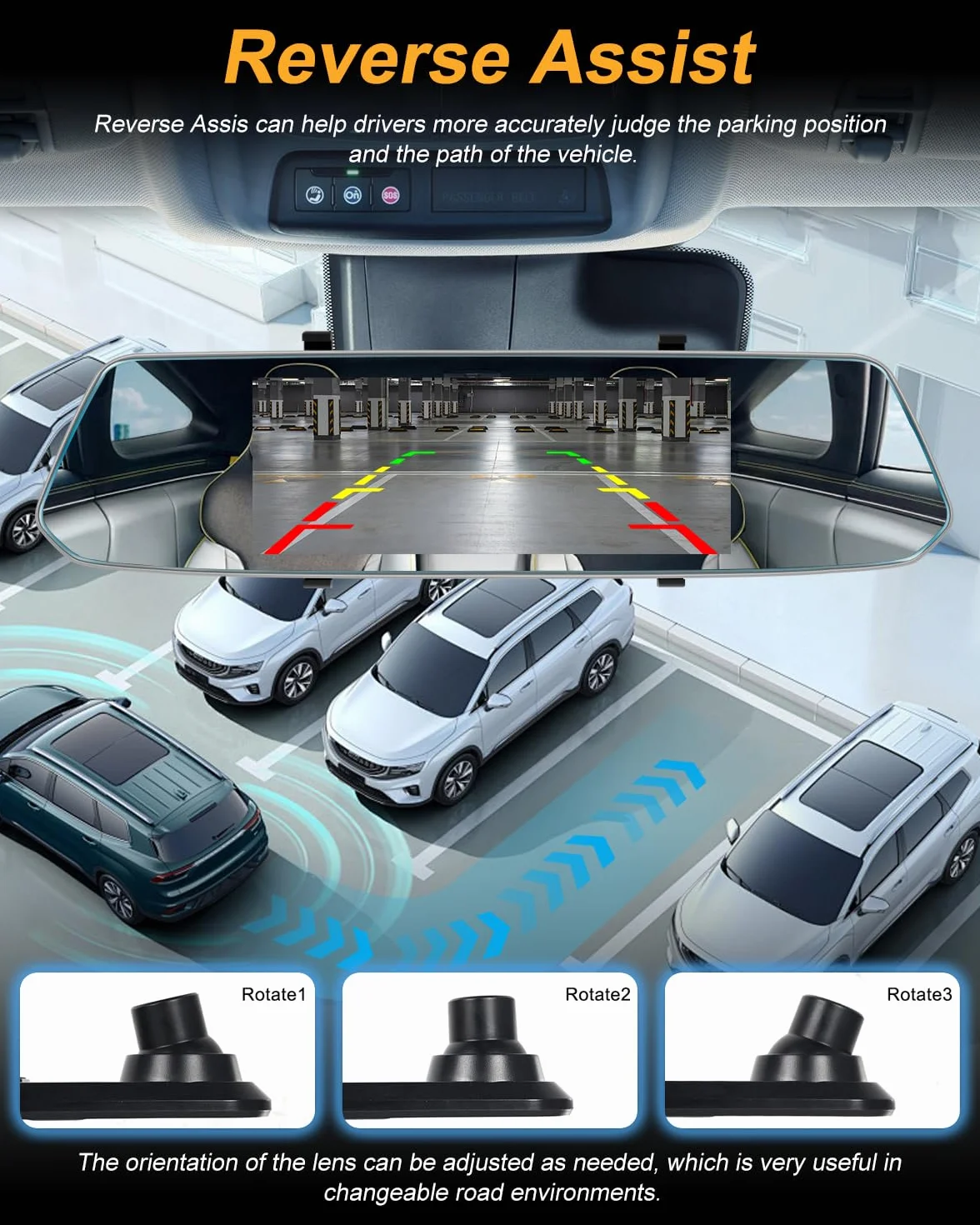 NHOPEEW Dash Cam a specchio da 7 pollici con doppia telecamera anteriore e posteriore - Sensore di gravità/registrazione in loop/rilevamento del movimento/monitor di parcheggio + scheda SD da 64G