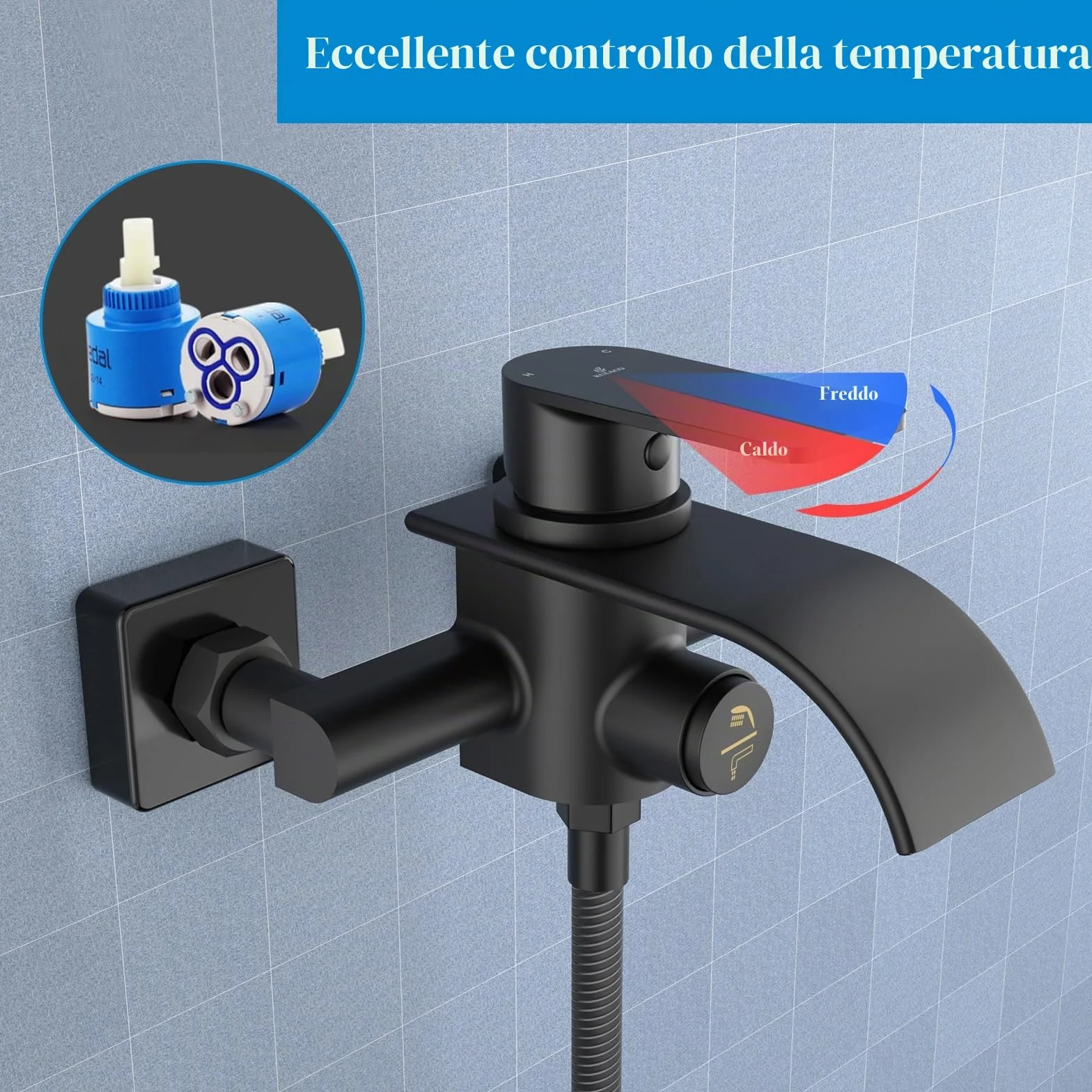 KULACO Rubinetto per Vasca da Bagno a Cascata, Nero, Monomando con Interruttore a Pressione, Materiale in Ottone, Reversibile, Montaggio a Parete