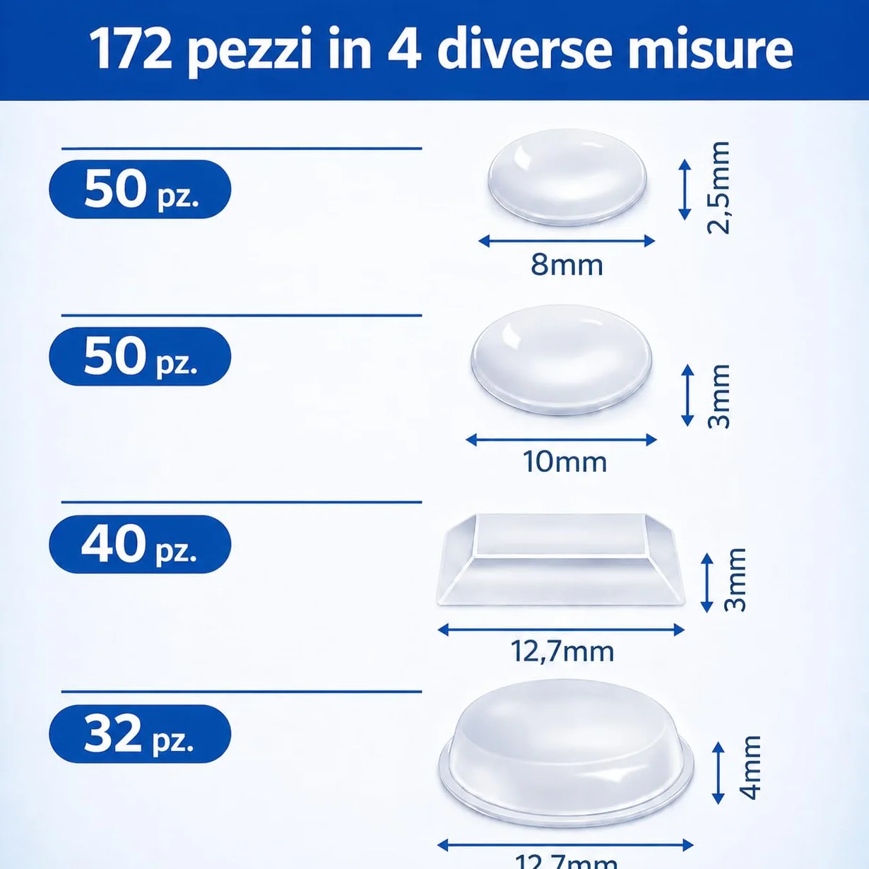 Ammortizzatori di Colpi Paracolpi Silicone Trasparente Autoadesivi 172 Pezzi 4 Misure per Porte Mobili