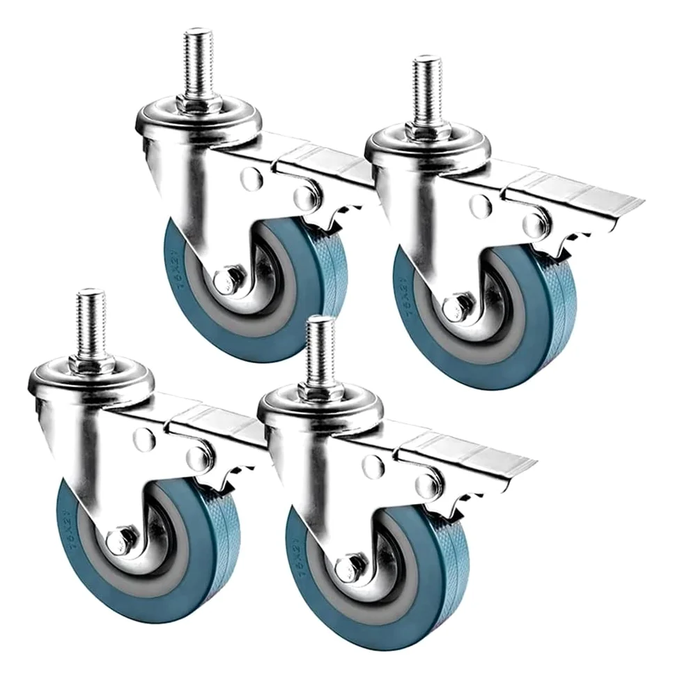 Ruote girevoli da Ufficio da 75 mm, Portata 200 kg, con Freno, Filettatura M10/M12, Ruote per carrelli e mobili.