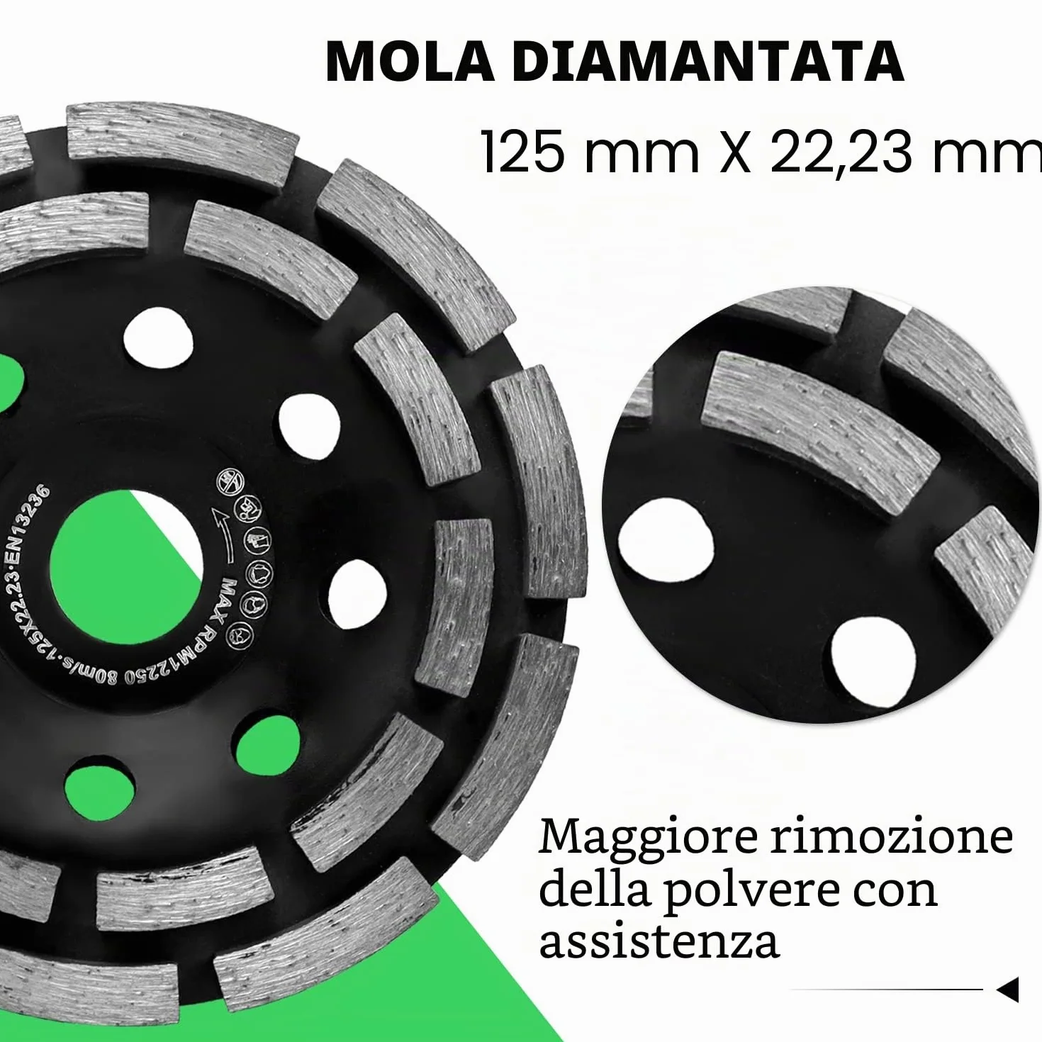 Cuffia Aspirazione Smerigliatrici Angolare 115/125 mm + Mola Diamantata 125 mm x 22,2 mm