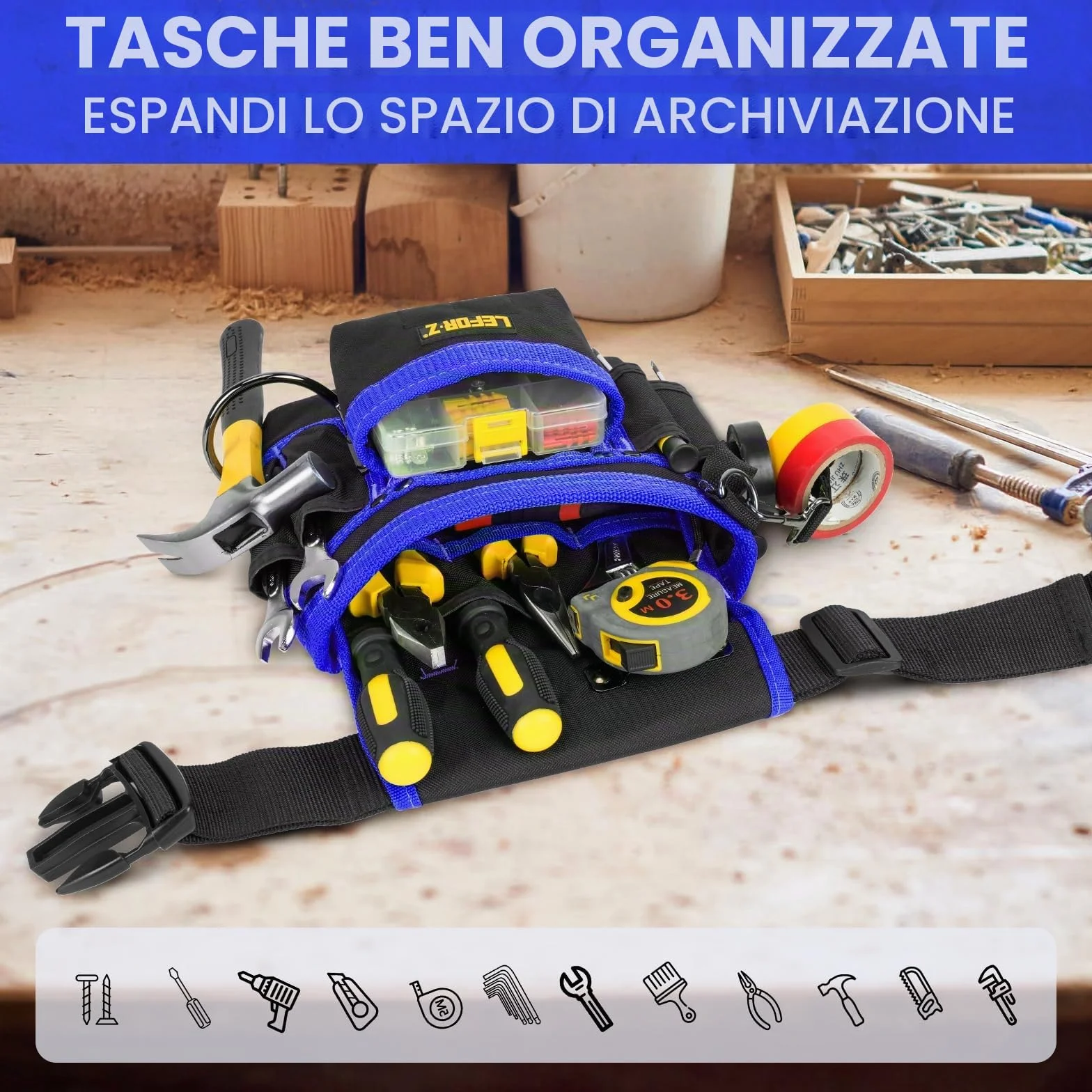 Cintura Porta Attrezzi Magnetica 14 Tasche Regolabile Staccabile Elettricista Falegname Edilizia Nero-Blu