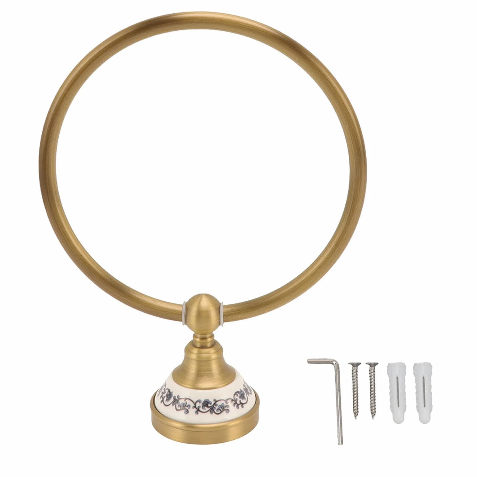 Anello portasciugamani in ottone antico, portasciugamani da bagno, portasciugamani a parete con adesivo in porcellana blu e bianco, struttura in acciaio inox durevole per