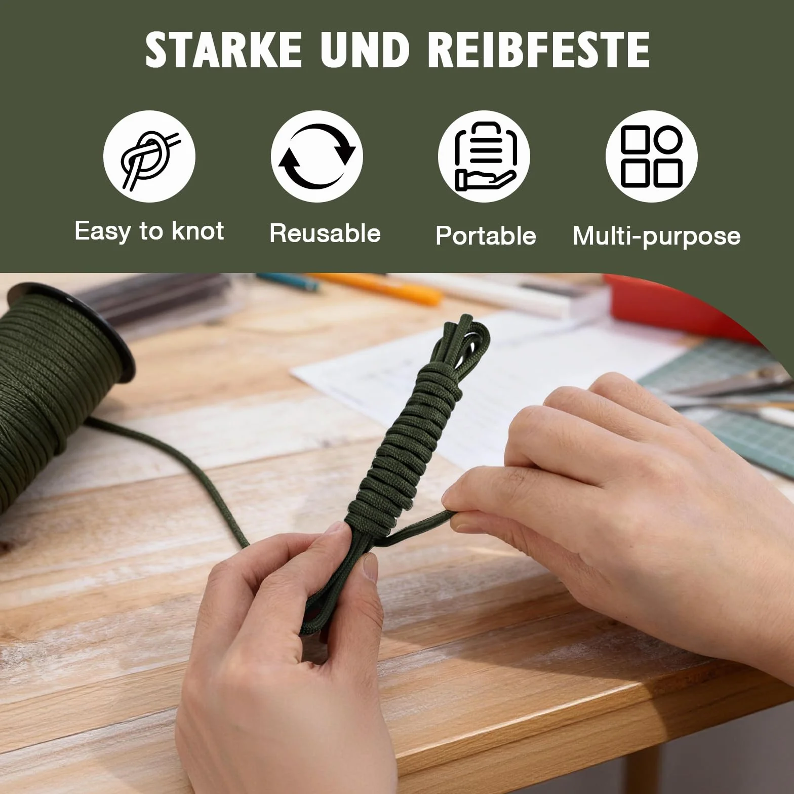 AiQInu Paracord 4mm, 30m Paracord 550 Nylon Corde Paracadutismo 9 Fili Rope, Corda Nylon 250kg Portata, Cordino Resistente per Escursionismo, Campeggio e Fai da Te, Verde Militare