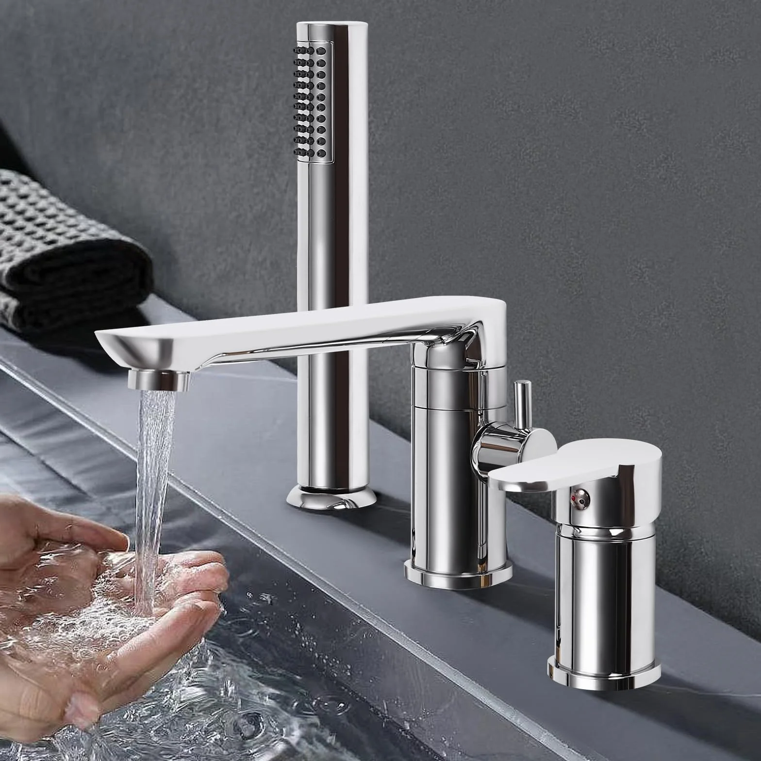 Rubinetto per vasca da bagno a 3 fori con maniglia singola, rubinetteria da bordo vasca con doccetta estraibile e ugello di uscita dell'acqua girevole a 360°, set di rubinetteria per bordo vasca da