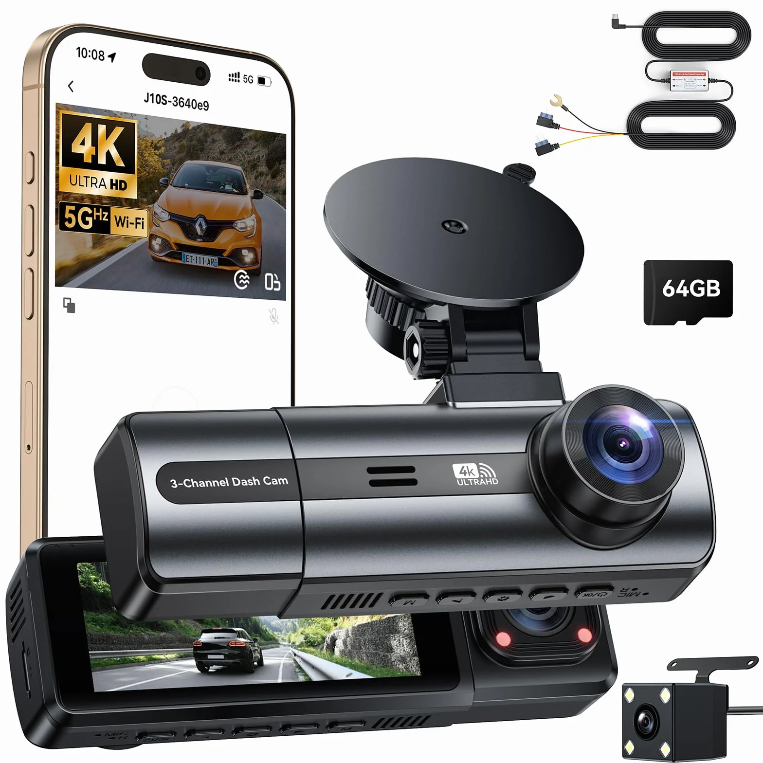 Dashcam 4K 3-Canali, 3,17" Display IPS Dash Cam, Telecamera Auto con WiFi & App, Grandangolo 170°, Sensore G, Visione Notturna, Registrazione in Loop, Monitoraggio Parcheggio,Scheda SD da 64 GB