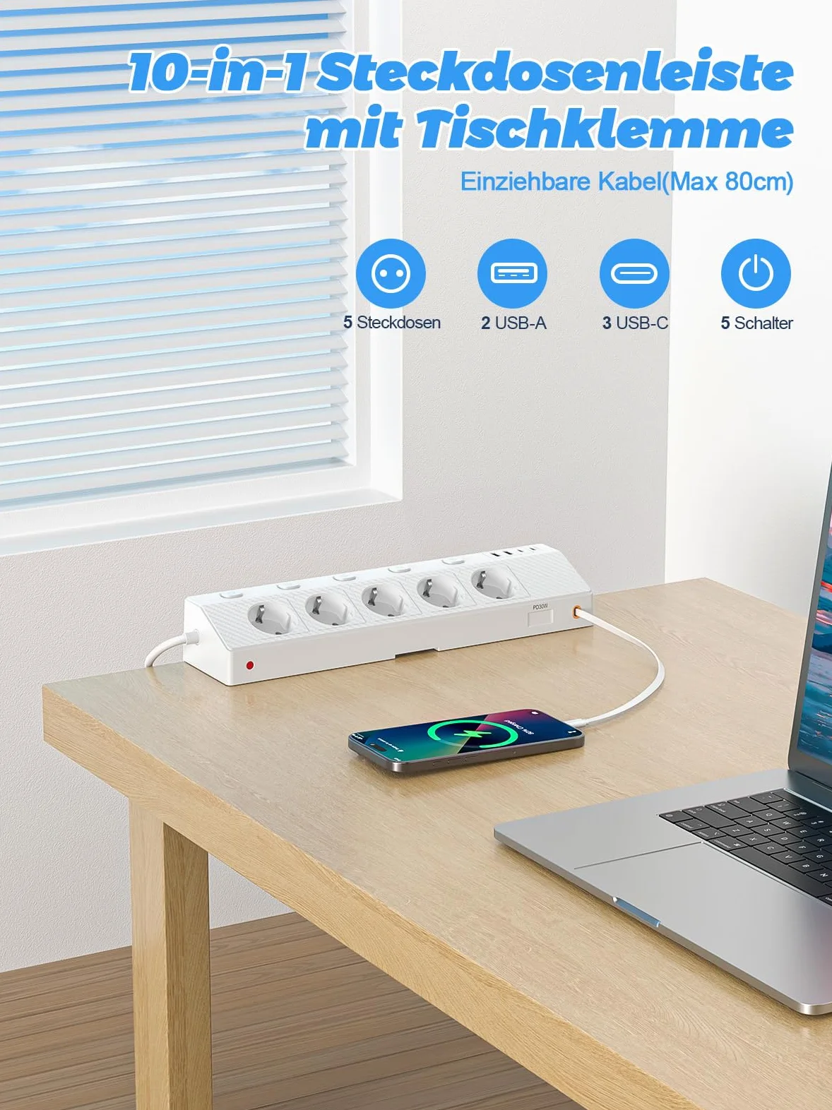 Ciabatta elettrica da tavolo con morsetto USB PD 30 W, 5 prese, multipresa da scrivania con protezione da sovratensione e commutabile singolarmente, presa angolare 10 in 1 con cavo da 3 m, bianco