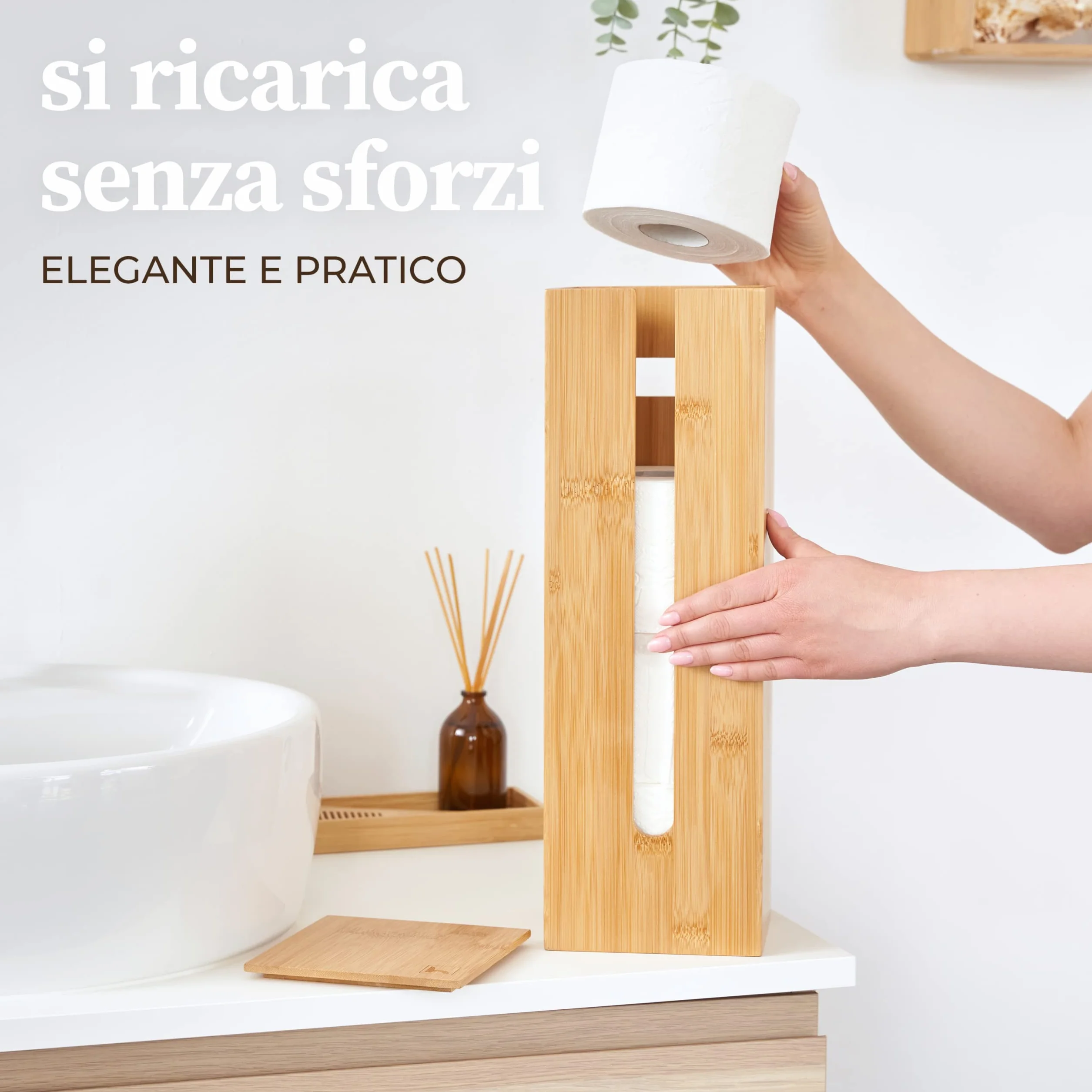 HENNEZ Porta Carta Igienica da Terra Legno di Bambu Chiuso - Portarotolo da Terra Contenitore - Scorta Mobile Bagno Legno