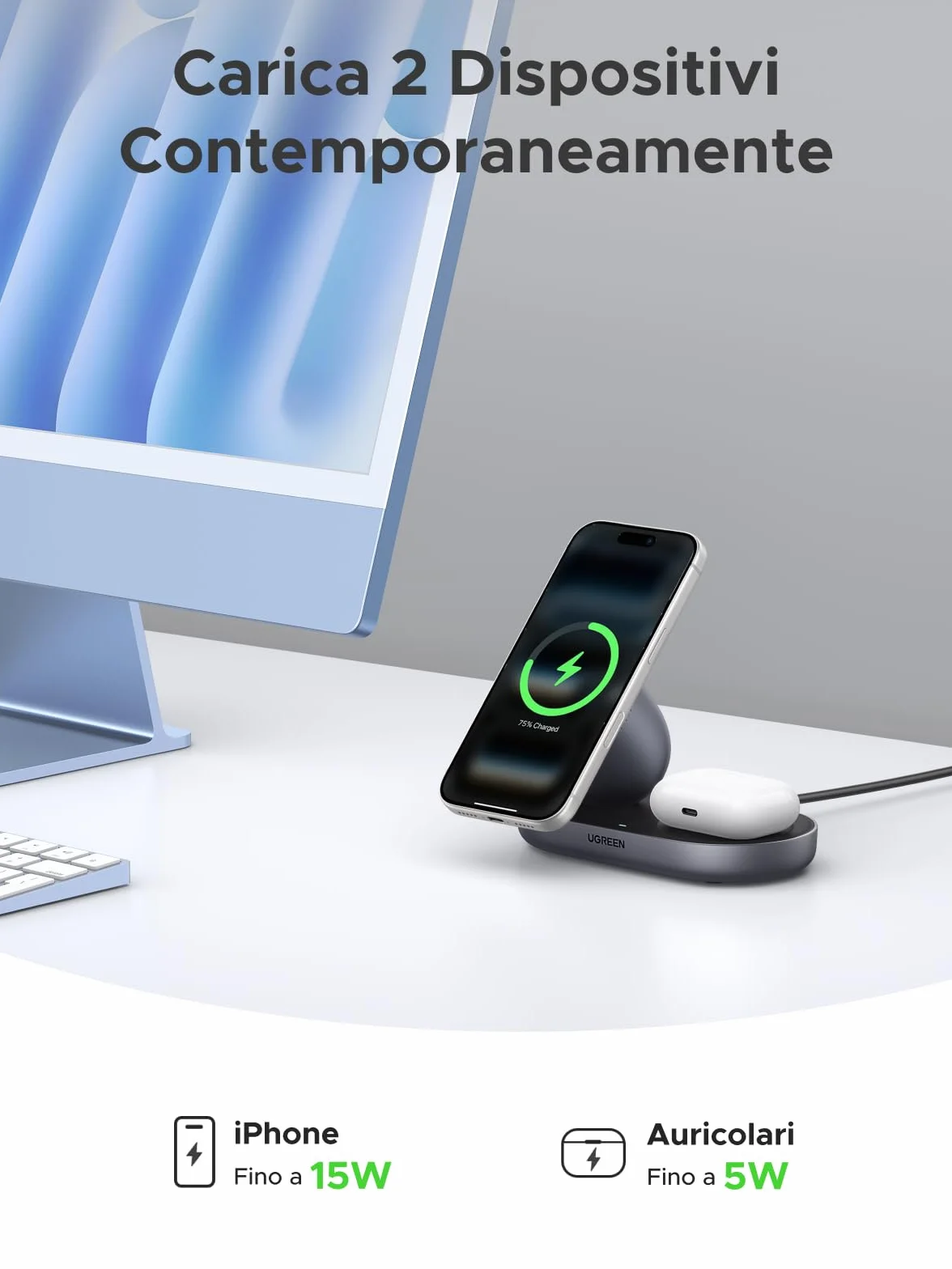 UGREEN Zapix Caricatore Wireless iPhone Magsafe Qi2 15W Certificato Compatibile con iPhone 17 16 15 14 13 12 Pro Max Plus Air AirPods, 2 in 1 Base di Ricarica Rapida Magnetica (Nero)