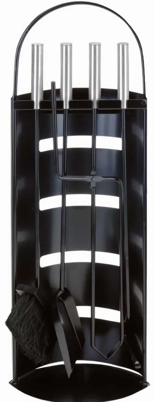 Set di 5 attrezzi da camino, in metallo resistente al calore e acciaio cromato, colore: nero/argento