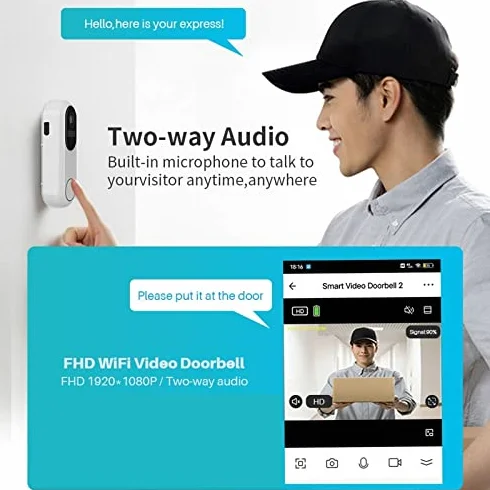 Videocitofono senza fili 1080p con visione notturna, WiFi 2,4 GHz 5 GHz, citofono domestico impermeabile, campanello intelligente per la sicurezza domestica