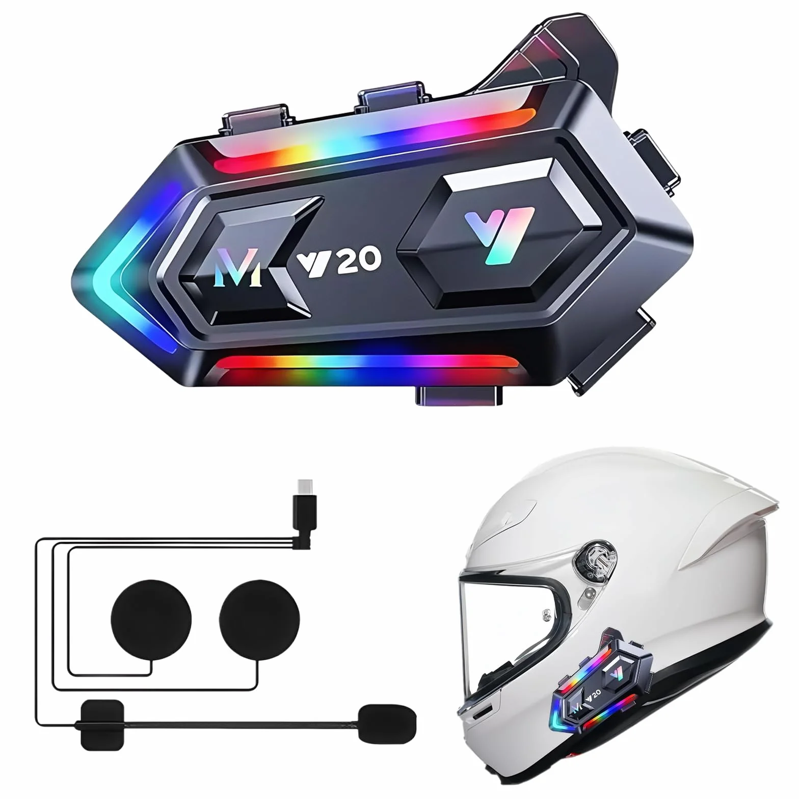 flintronic Casco Moto Auricolare, Y20 Cuffie per Caschi da Moto per Persona Singola Wireless 5.3 Impermeabile IPX6 Cancellazione, luci RGB abbaglianti, Per Pilota Singolo
