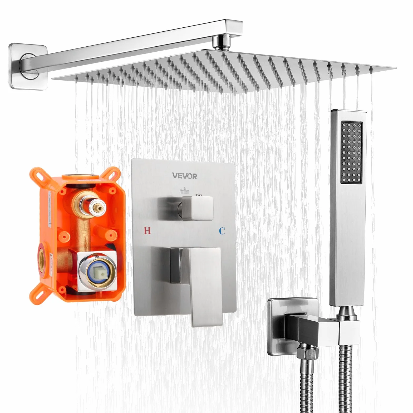VEVOR Set Doccia, Sistema Doccia a Pioggia per Bagno con Soffione Quadrato da 30,5 cm e Doccetta, Accessori per Vasca da Parete con Valvola in Ottone e Kit di Finitura, Nichel Spazzolato