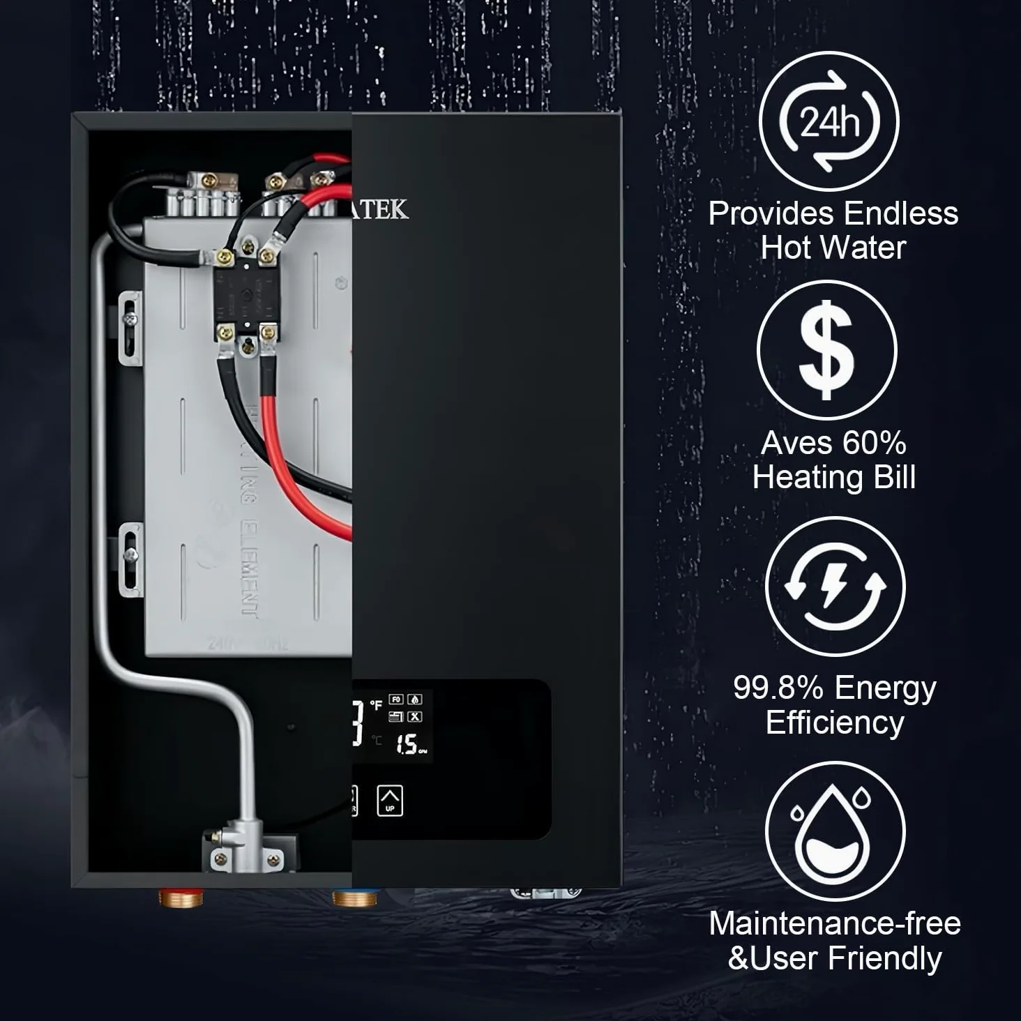 scaldabagno elettrico senza serbatoio su richiesta, scaldabagno elettrico intelligente punto di utilizzo, scaldabagno istantaneo 14 kW 240 V per doccia V7B-140B