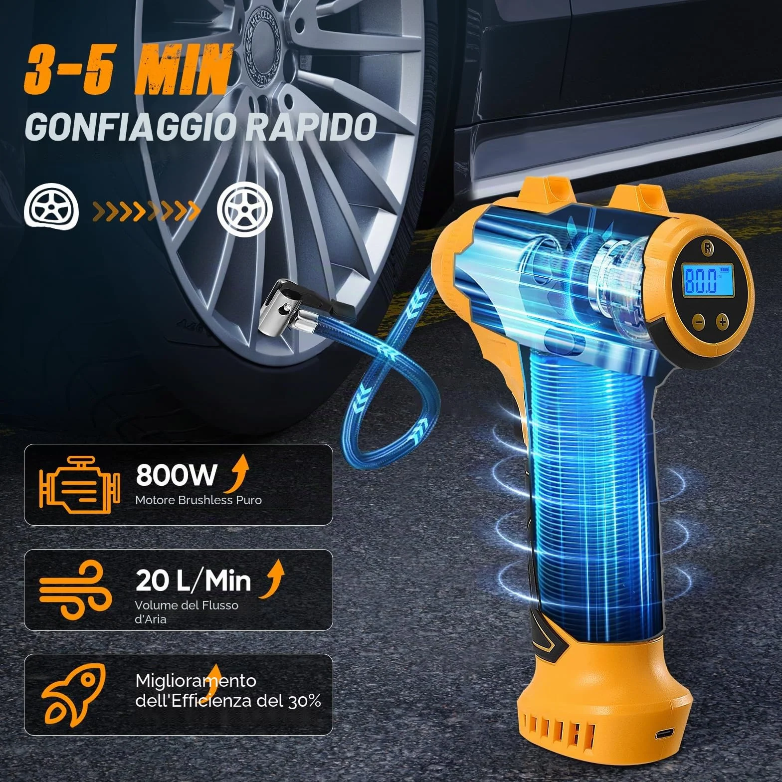 Pompa ad Aria Elettrica Compressore a Batteria per Bicicletta, Portatile, Display Digitale, Spegnimento Automatico, USB-C