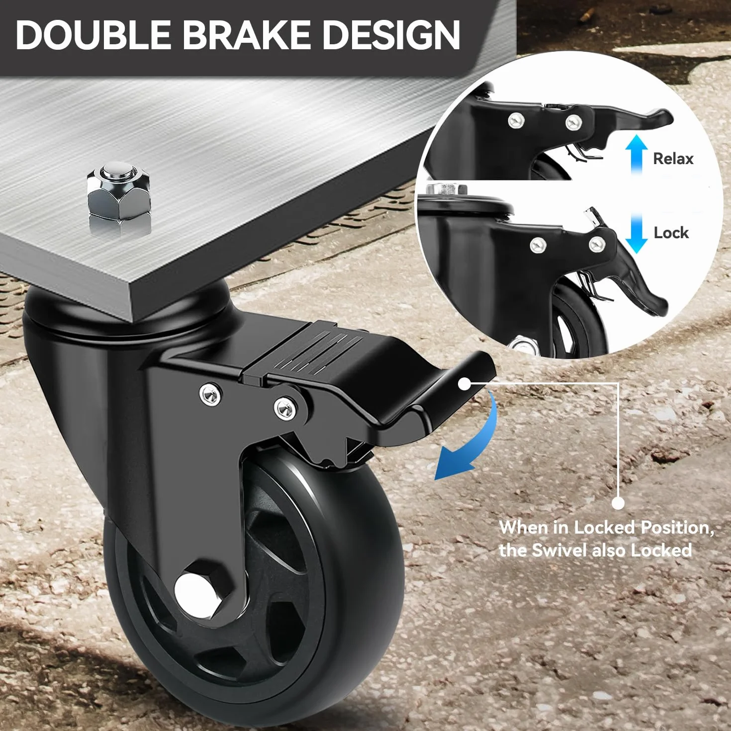 100MM per carichi pesanti ruote per mobili con Freno, set da 4 ruote per carrelli con M12x1.75x30mm Vite Perno, Bino Cuscinetto Perno Ruota Girevole Ruote per Mobili, PU Carrello Ruote su a 500kg