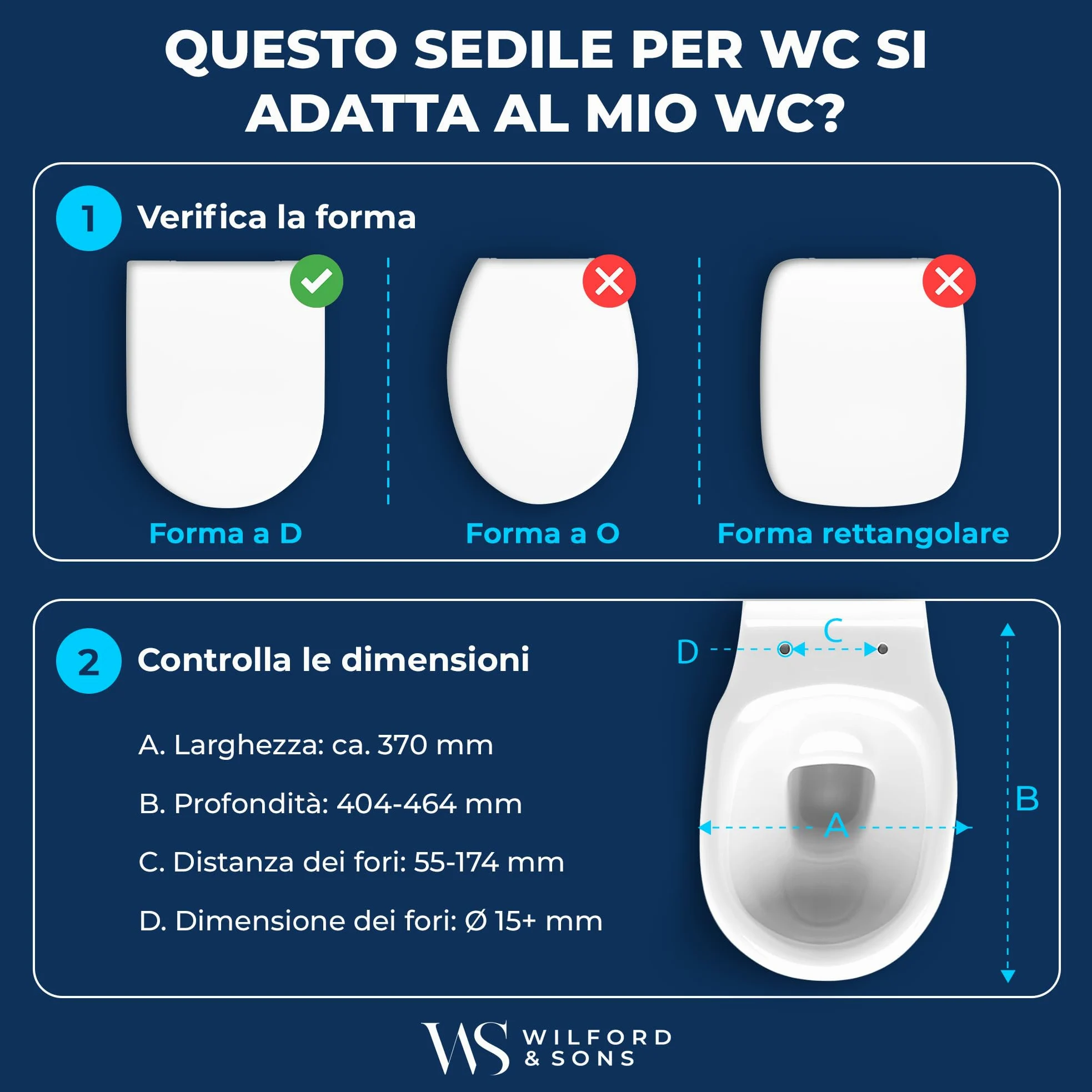 Wilford & Sons PREMIUM Coperchio del WC - Sedile WC con Chiusura Ammortizzata - Copriwater D-Form Bianco - Sedile del water di alta qualità - Sedile WC removibile - Sedile per toilette in Duroplast