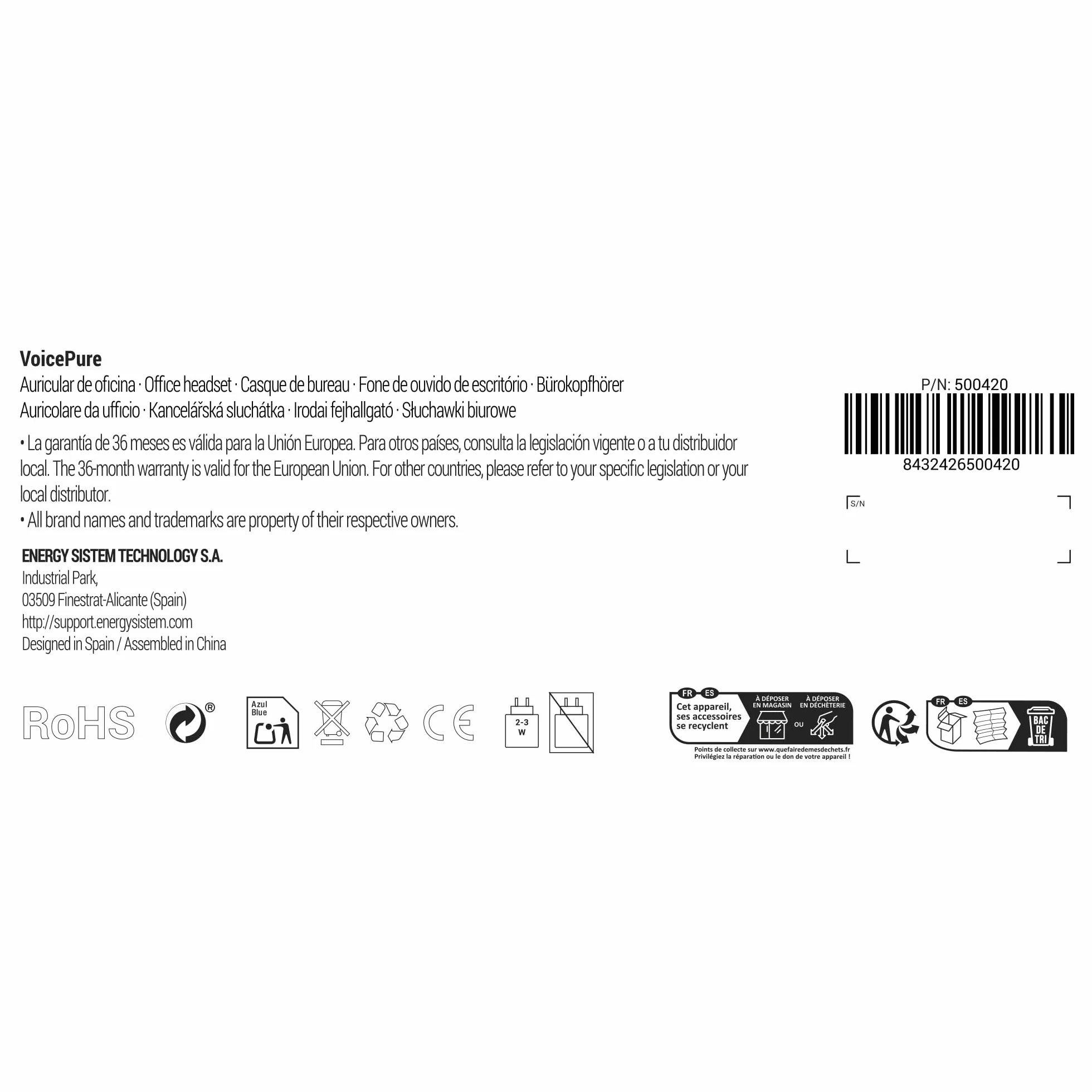 Energy Sistem Voice Pure - Cuffie wireless da ufficio monoaurali con connessione a dongle USB, connessione multipunto e dock di ricarica