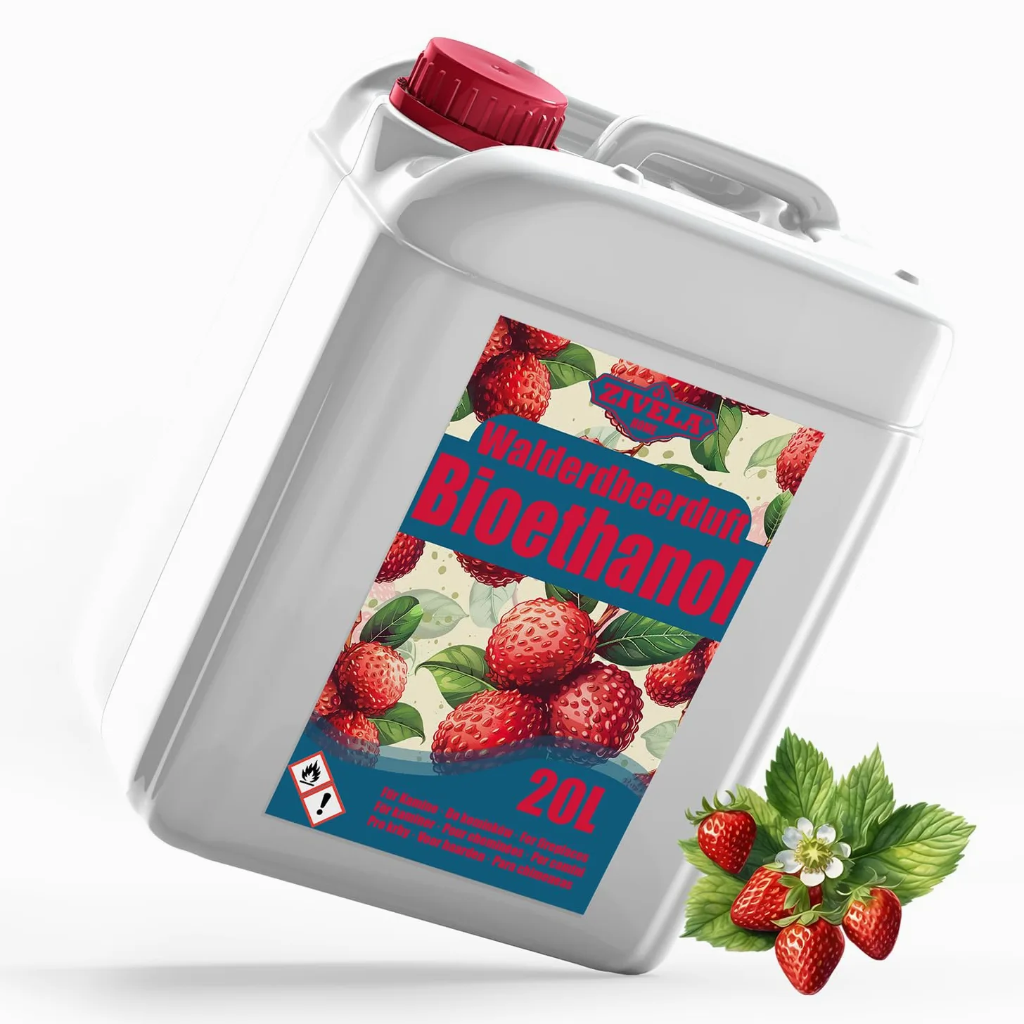 Bioetanolo 96,6% 20 l | alcool biologico profumo di fragola boschiva 96,6% 20 l | bioetanolo per camino, camino da tavolo | bioetanolo profumo di fragola | combustione pulita, senza fumo, fiamma
