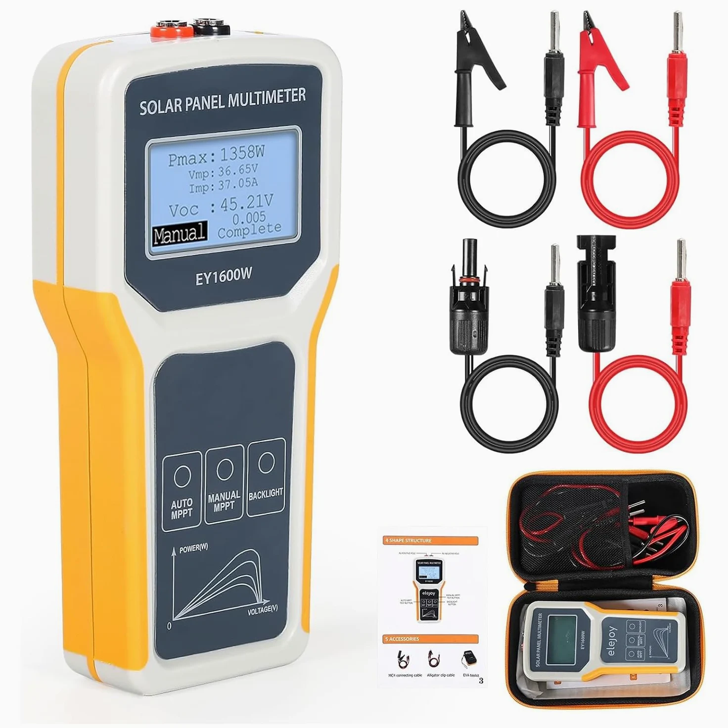 TsoLay Tester per Pannelli solari, multimetro per Pannelli fotovoltaici da 1600 W con Display LCD Ultra Chiaro, rilevamento Automatico MPPT, per guasto di Tensione a Circuito Aperto