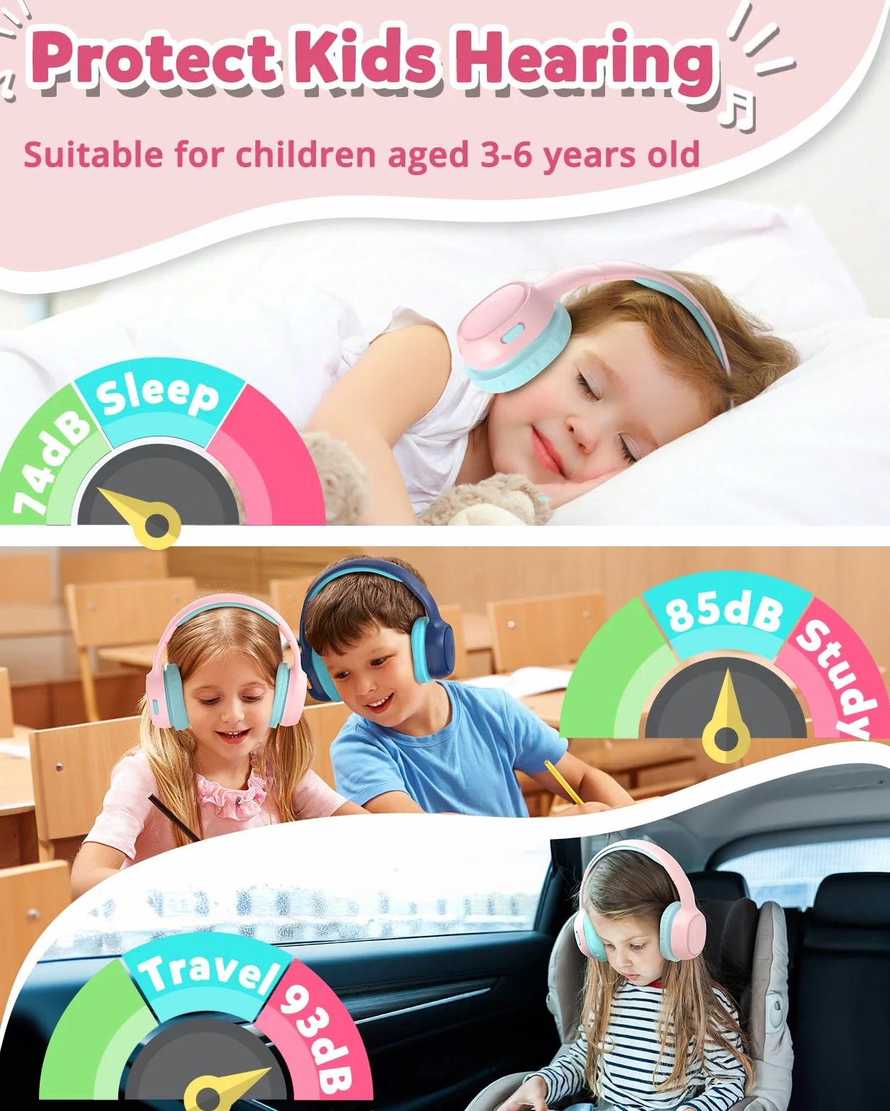 Tronsmart KH02 Cuffie Bluetooth 5.3 per bambini, Limite volume 74/85/93 dB, 45 Ore di Riproduzione, Cavo Audio integrato, Cuffie Wireless Pieghevoli con Microfono per Scuola, Viaggio, Aereo - Rosa