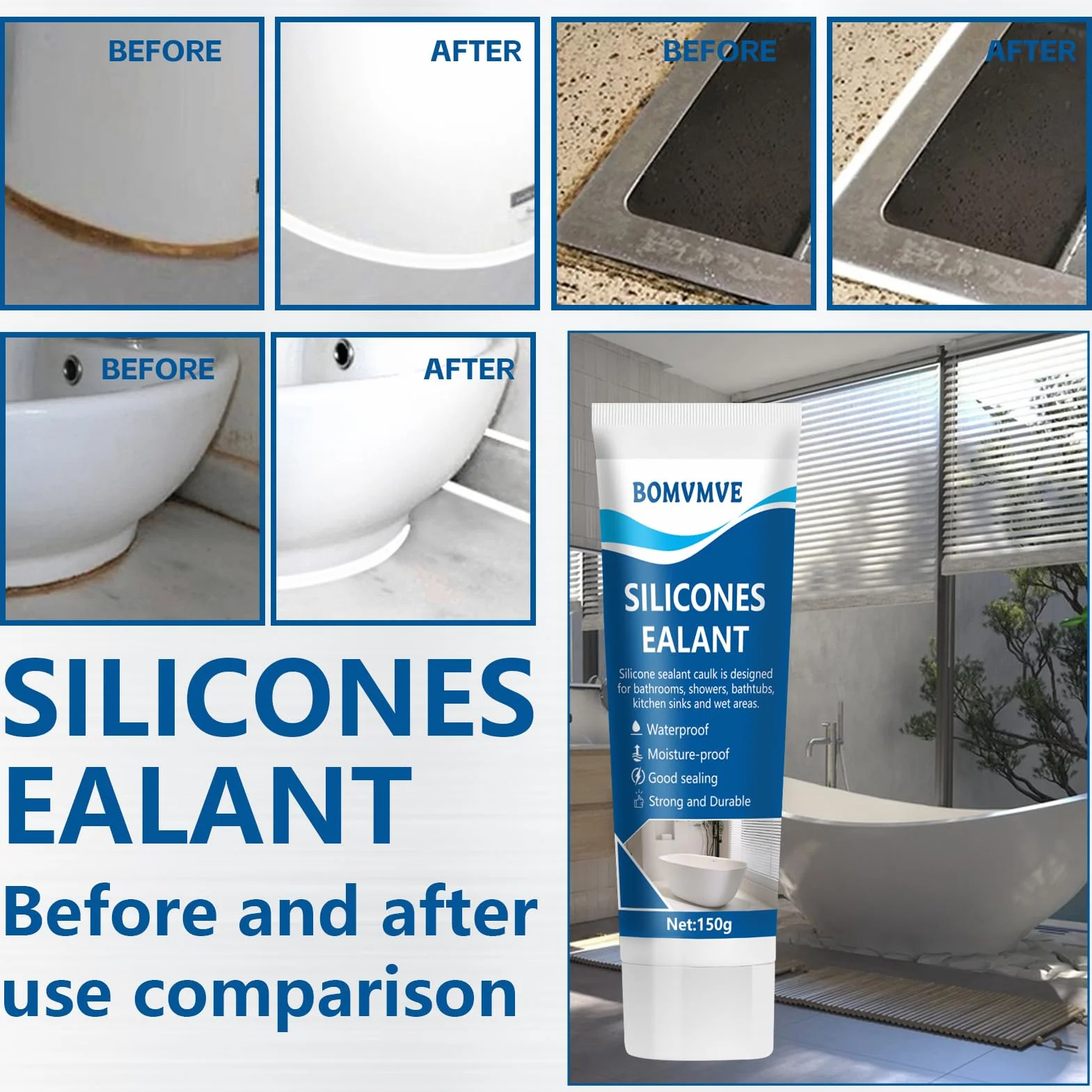 Silicone Bagno Bianco Impermeabile Sigillante Cucine Cabine Doccia 150g