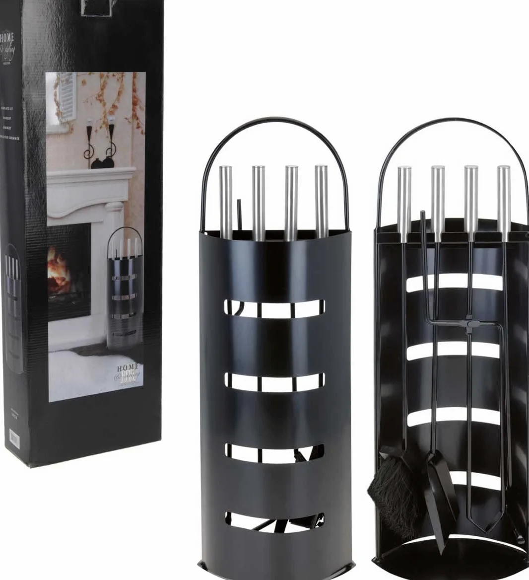 Set di 5 attrezzi da camino, in metallo resistente al calore e acciaio cromato, colore: nero/argento