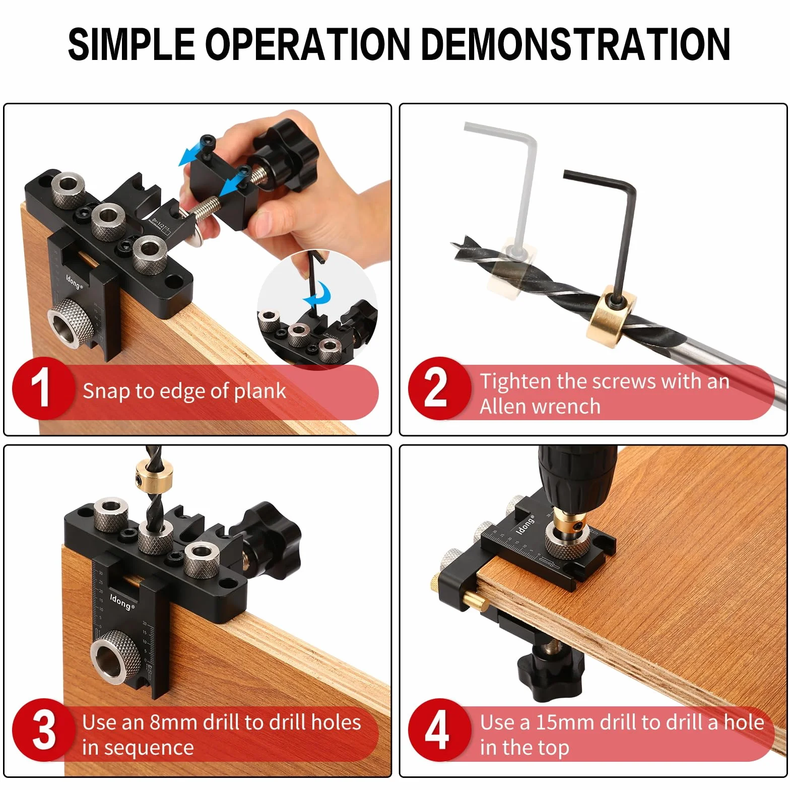 Idong 8/10/15mm Dima per Spinatura Legno 3 in 1 Fori a Tasca Kit Guida Trapano con Clip Regolabile