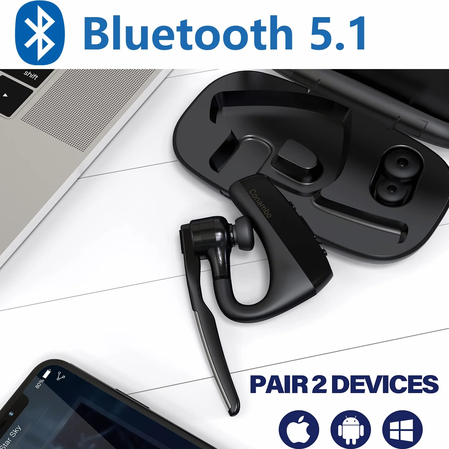 Conambo Auricolare Bluetooth 5.1 Aptx,16 Ore di Conversazione in HD CVC8.0 Cuffie Bluetooth Vivavoce con Cancellazione del Rumore a Doppio Microfono per iPhone Samsung Huawei HTC, Sony,ETC.(Nero)