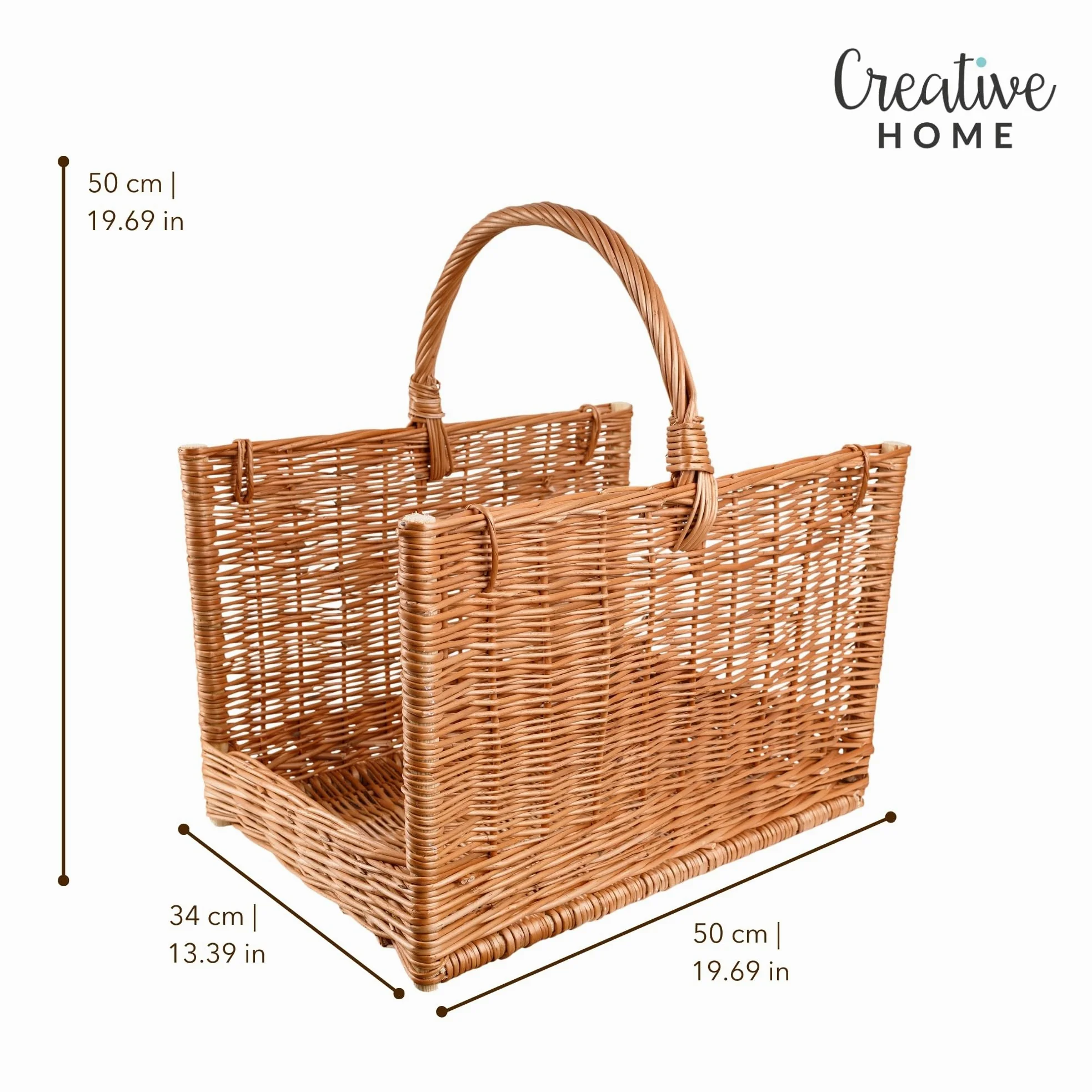 Creative Home Cesto Portalegna da Interno con Manico, Porta Legna in Vimini | Grande Cesto Vimini Rettangolare 50x34x50 cm Leggero | Intrecciato a Mano | Salice Naturale | Multiuso