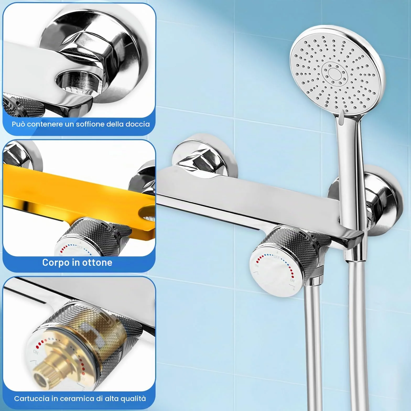 Rubinetto Vasca da Bagno a Parete, Miscelatore Cascata con Doccetta, Tubo 1,5m Antigroviglio, Ottone Massello, Cromato Argento