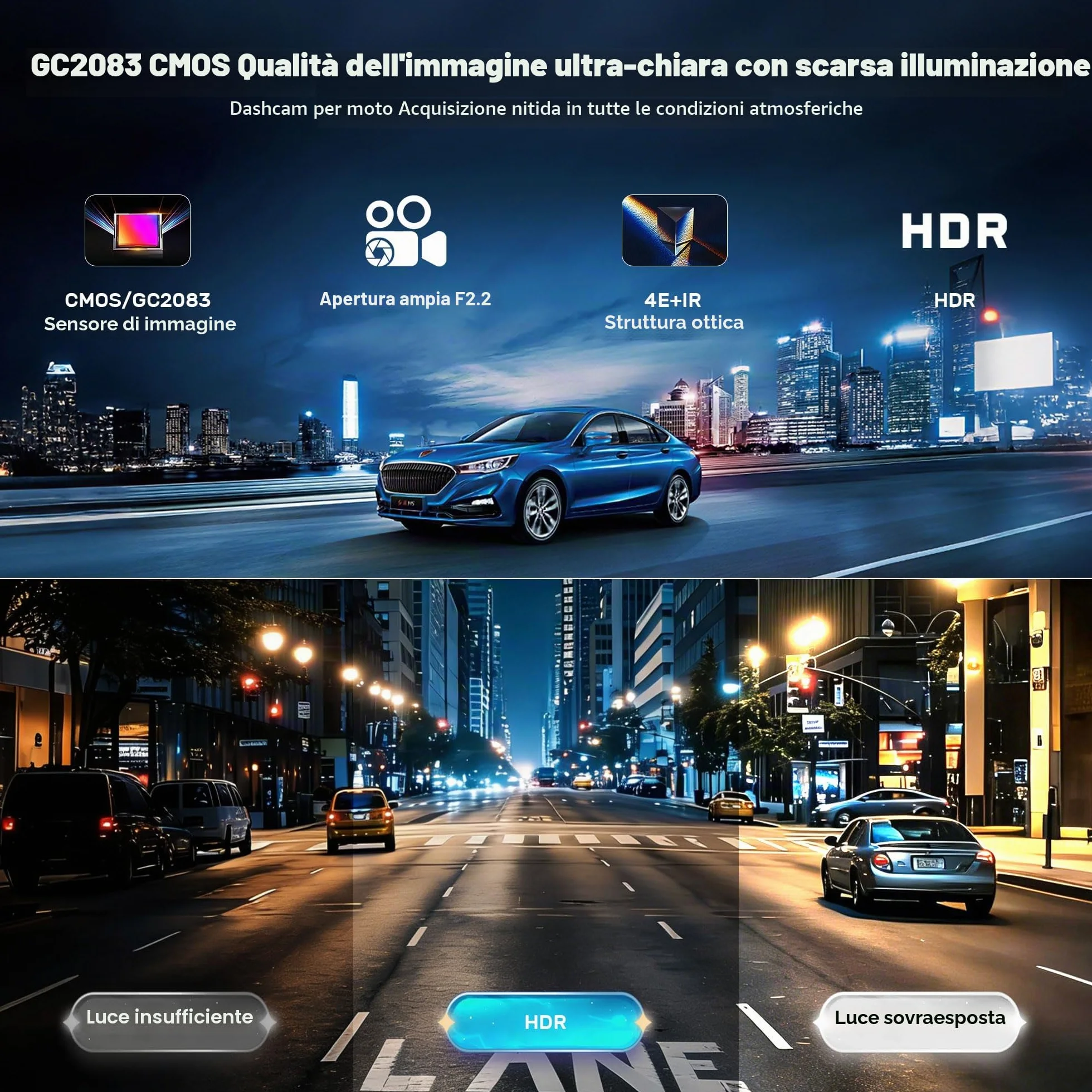 Dashcam Moto 4K+1080P, Doppia Telecamera, Impermeabile IP65, F2,2 Visione Notturna, Action Cam Moto con WiFi GPS, Mini Telecamera con HDR & APP Per Bicicletta