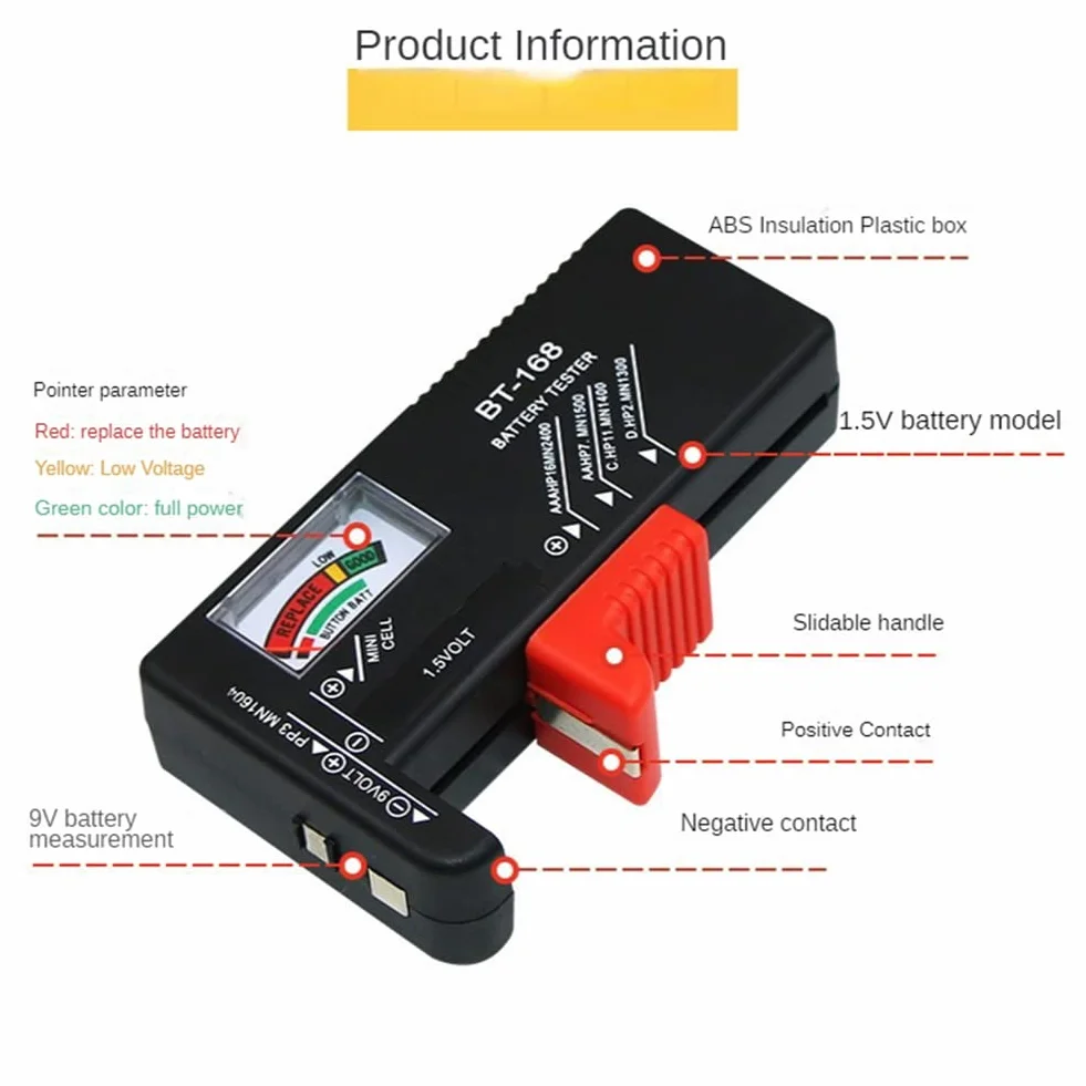 BT-168 AA/AAA/C/D/9V/1,5 V Batterie Batteria a bottone universale Misuratore codificato a colori Indicare Volt Tester Checker BT168