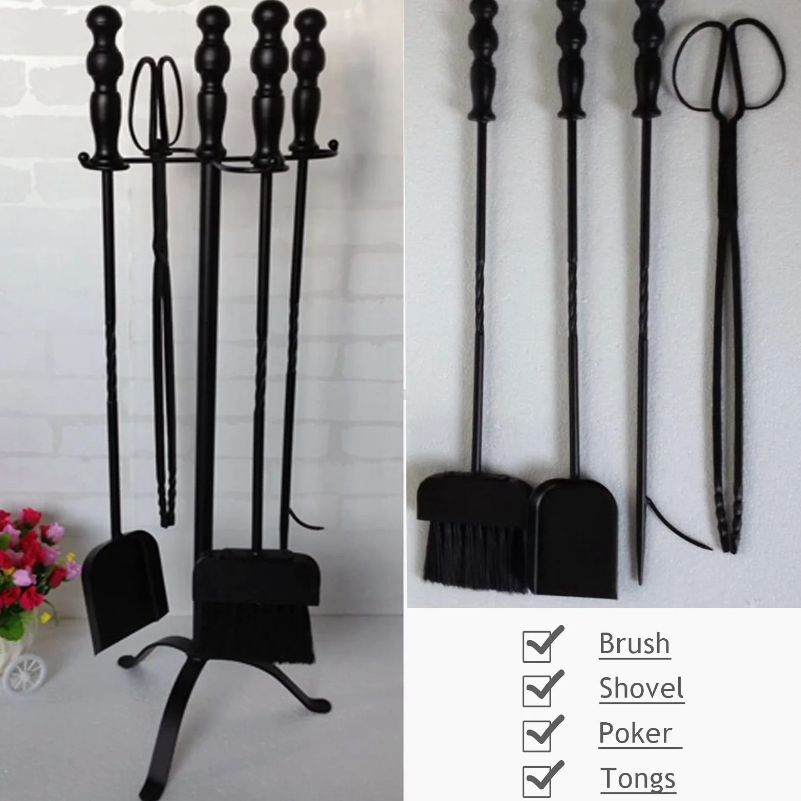 Set di 5 attrezzi per caminetto in ferro battuto resistente anticato, per uso esterno e interno, include supporto, pala e pinza, colore nero