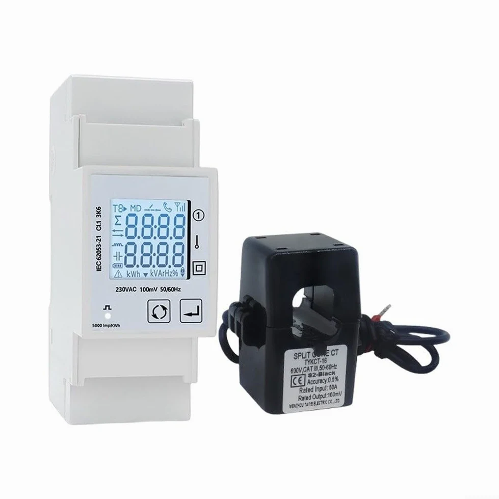 Contatore di corrente su guida DIN monofase RS485 contatore di energia | RS485 Comunicazione, monofase, esterno per ct, monitoraggio solare PV, dati in tempo reale