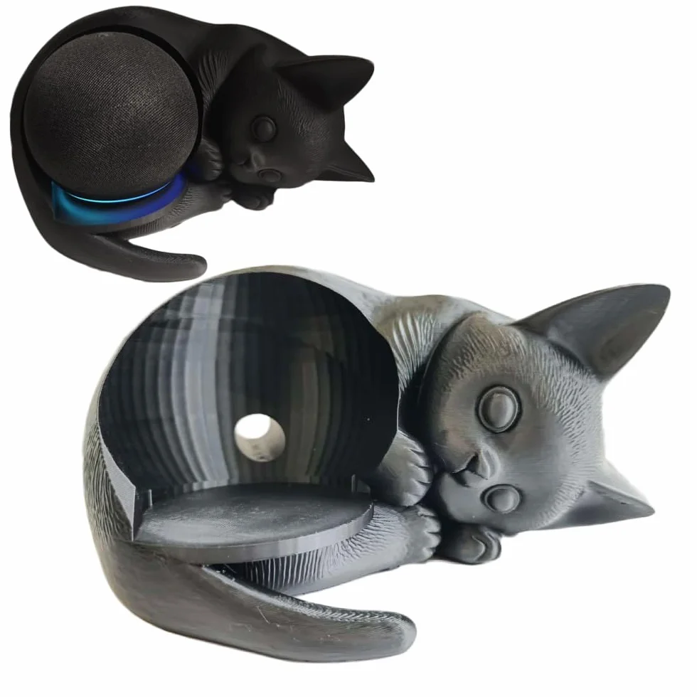 Supporto a forma di gatto stampato in 3D per Echo Dot 5a generazione, organizer da scrivania PLA+ nero compatibile con Echo Dot 5, decorazione per la casa e accessori