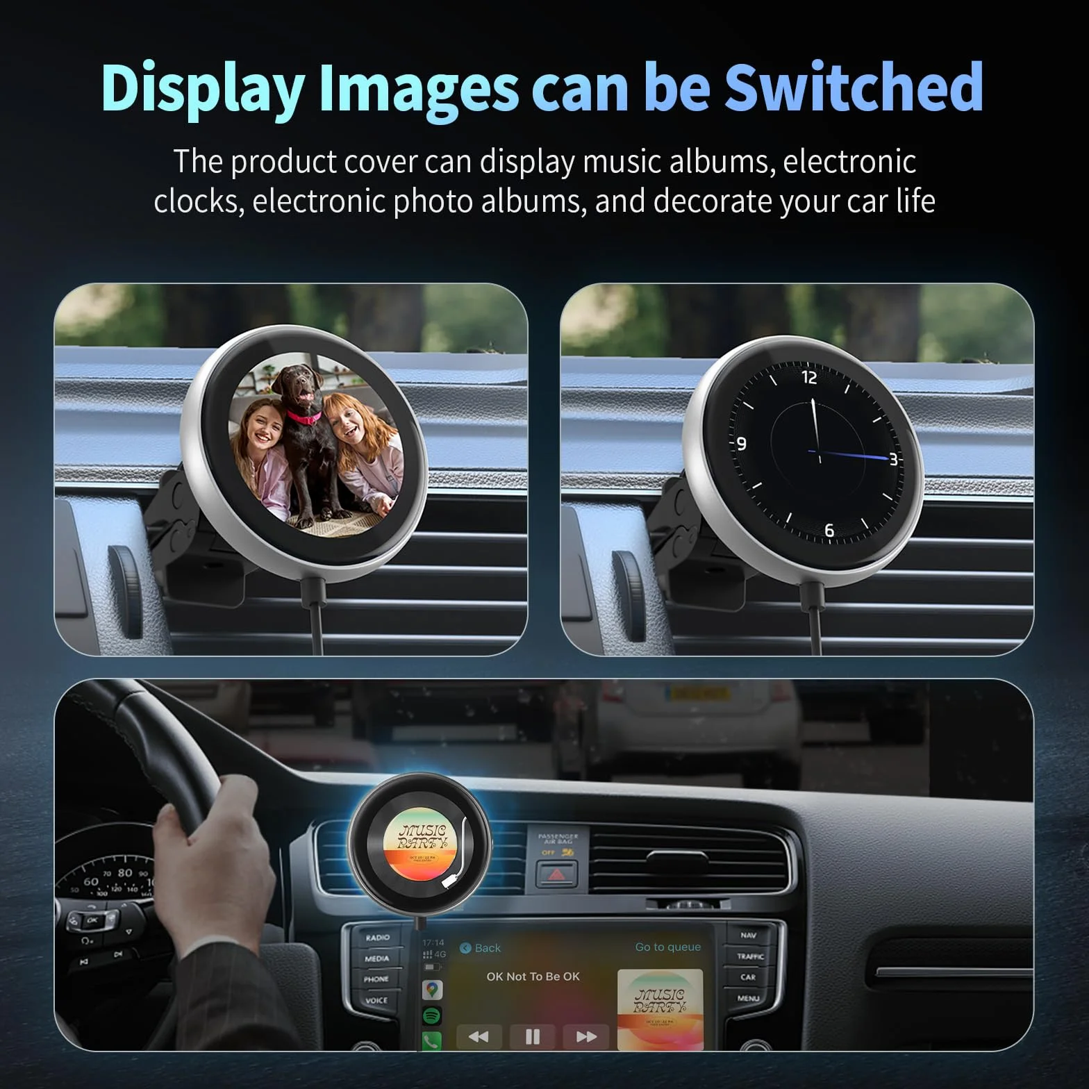 OTTOCAST Adattatore Carplay Wireless Clip, Dongle Wireless CarPlay Plug & Play con Display Elettronico può Mostrare Orologio Immagini Copertina di Album Musicali Compatibile con Auto con Wired CarPlay