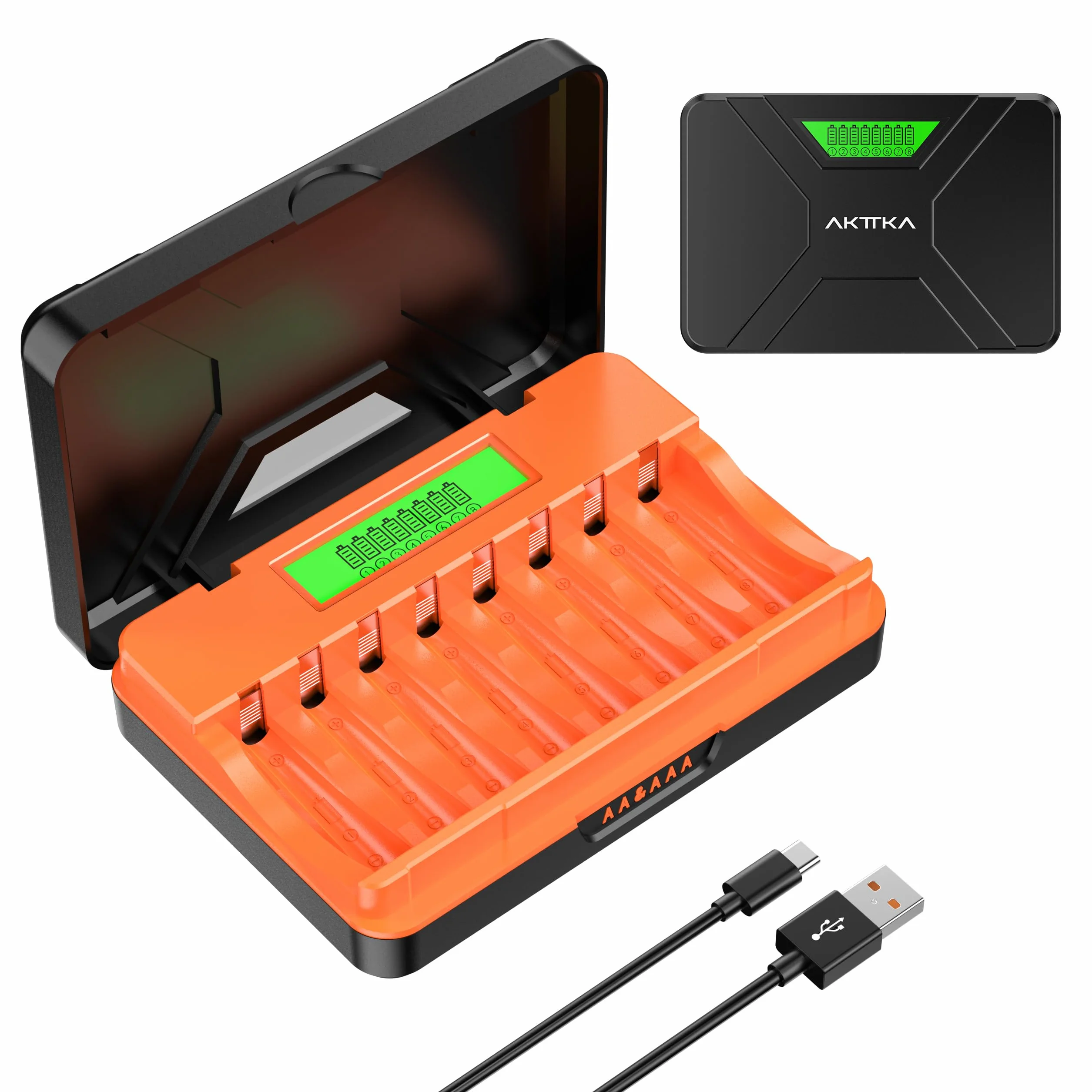 Caricabatterie Pile Ricaricabili Stilo AA e Mini Stilo AAA Intelligente 8 Slot, Ni-MH Ni-CD Ricaricabili Caricabatterie Batterie con Display LCD(con Cavo USB)