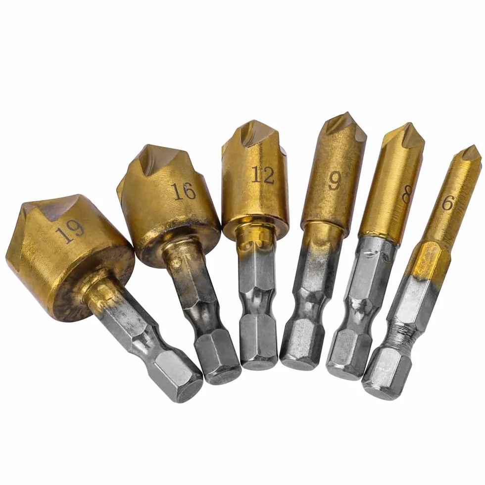 Svasatore Conico HSS Titanio Rivestito Codolo Esagonale Alesatore Fori 6-19 mm 6 Pezzi